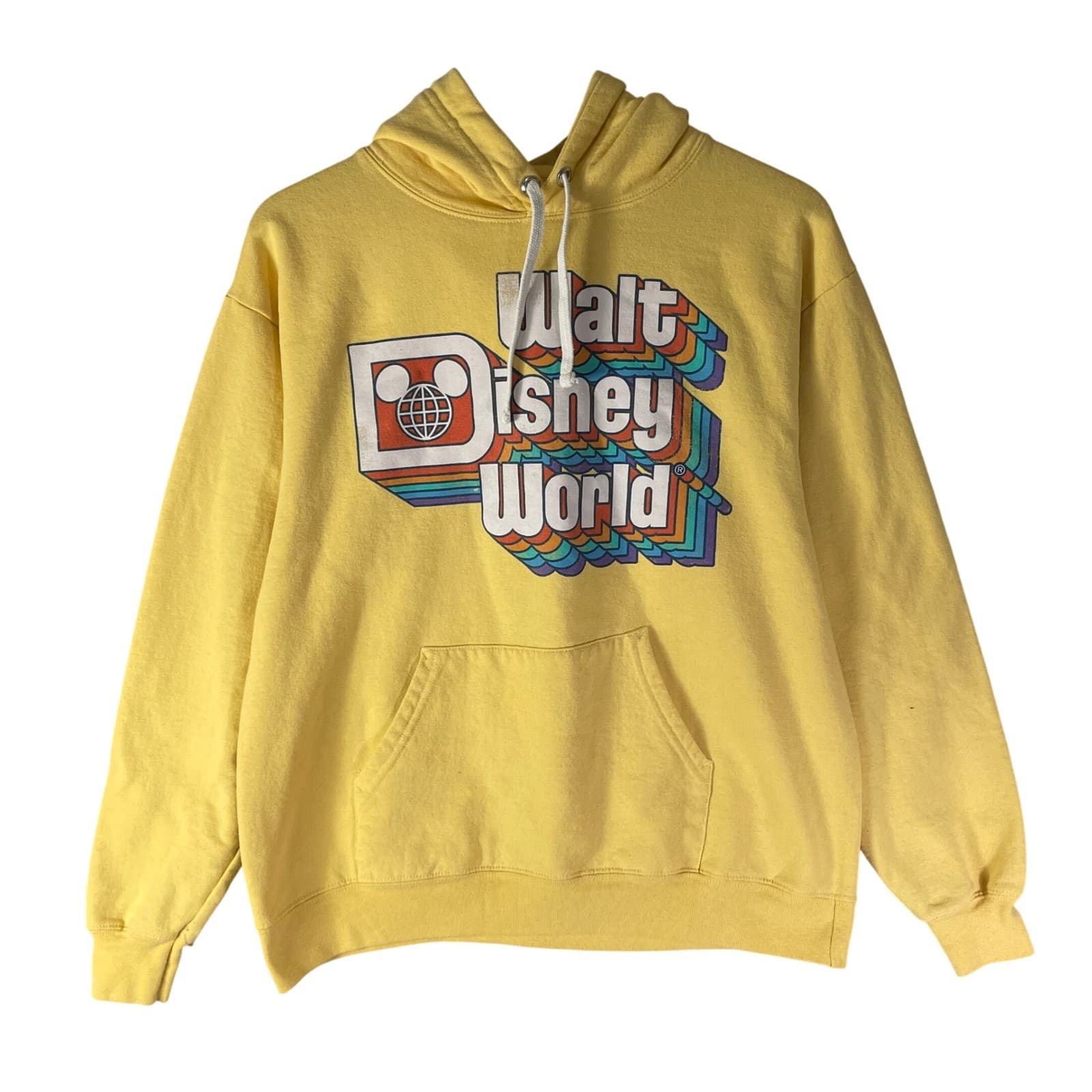 Walt Disney World Hoodie M Yellow Retro Rainbow Logo Pullover Sweatshirt WDW Men