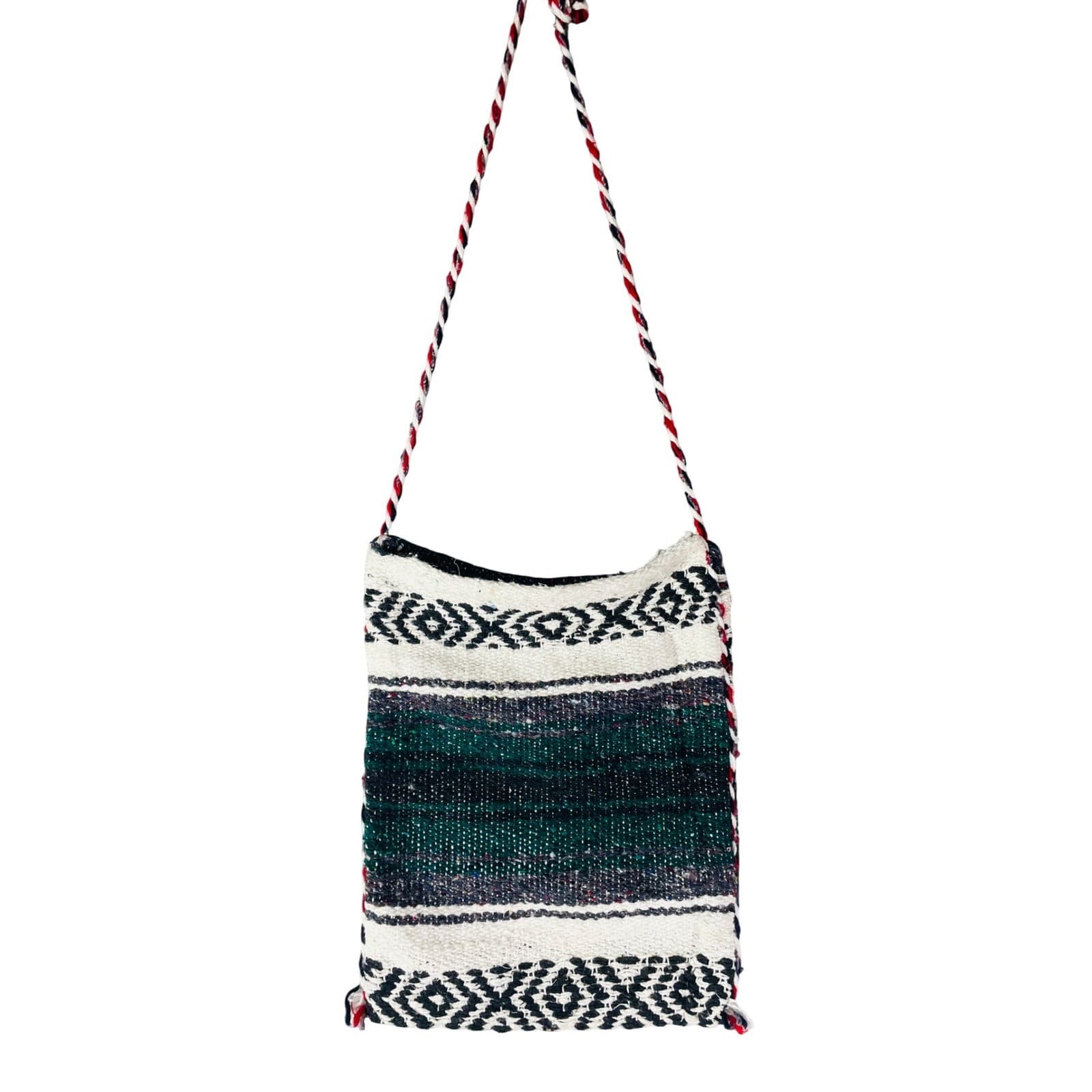 Vintage Woven Baja Crossbody Bag Green Teal Black Geometric Boho Festival Purse