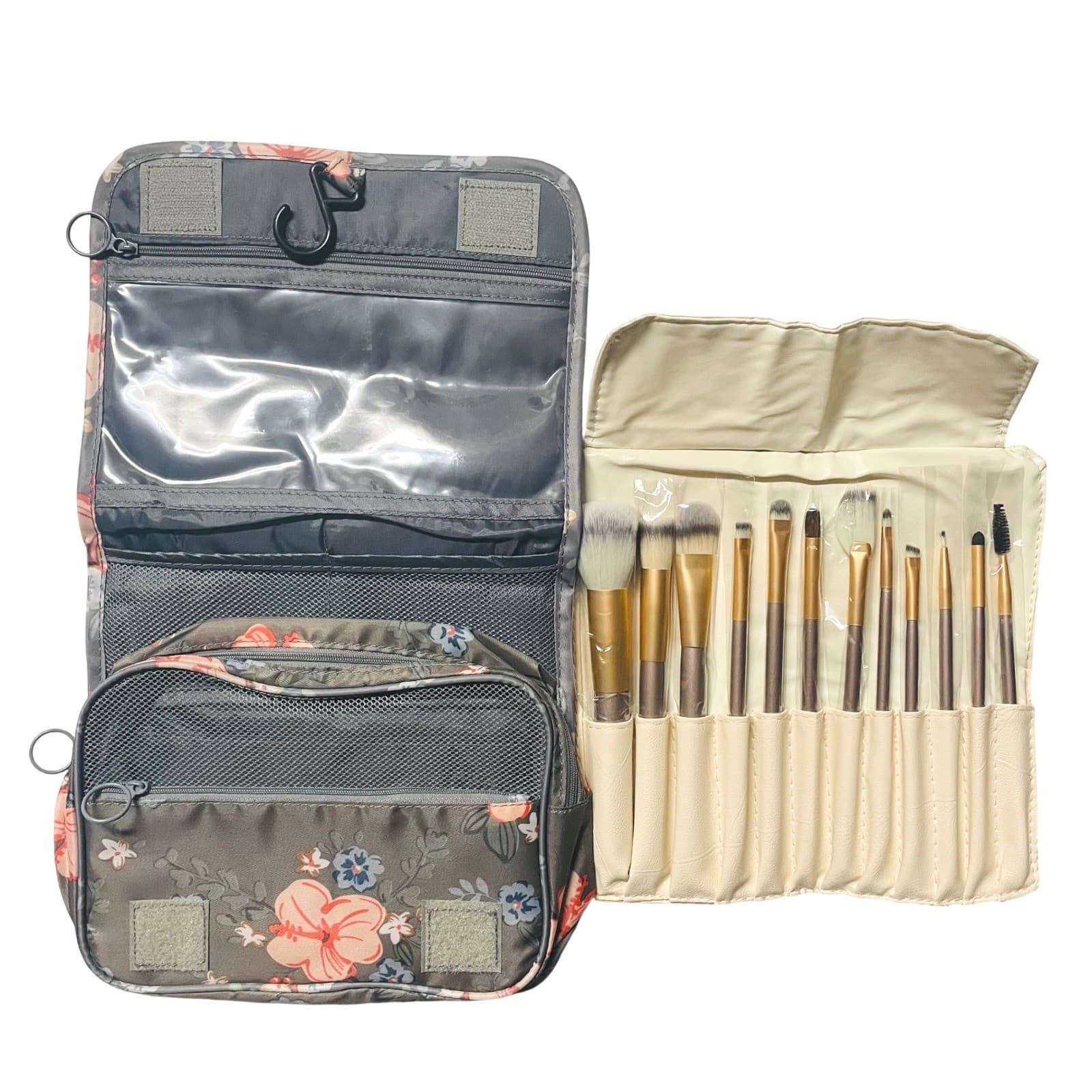 Hanging Toiletry Bag Travel Organizer Floral Makeup Brush Roll Storage Set
