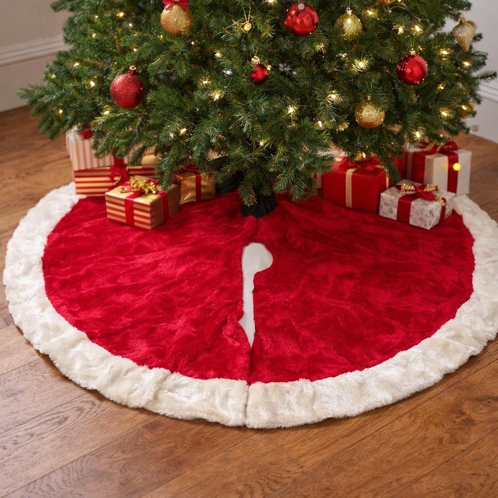 Vintage Christmas Tree Skirt 44 Red White Faux Fur Santa Plush Xmas Decor