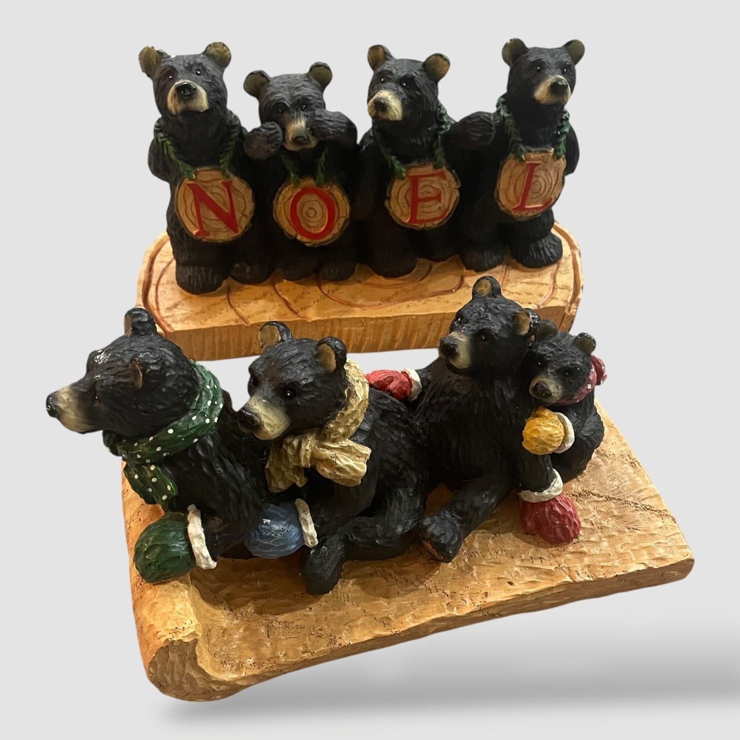 Black Bear Christmas Figurine Set NOEL Sledding Cabin Lodge Decor Resin