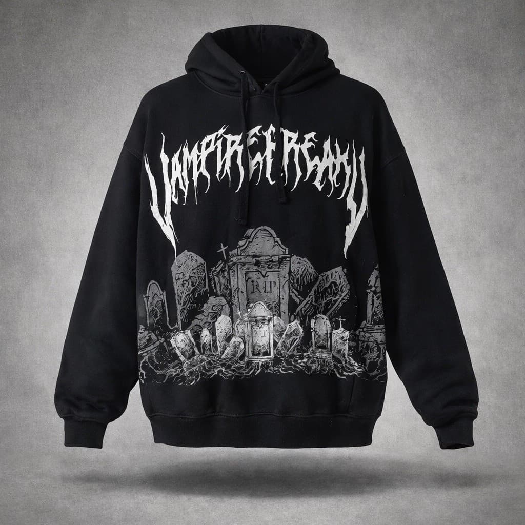 VampireFreaks Graveyard Hoodie Mens M Black Goth Cemetery Graphic Pullover Emo