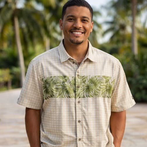Tommy Hilfiger Mens Small Beige Gingham Check Short Sleeve Palm Tree Button Tee