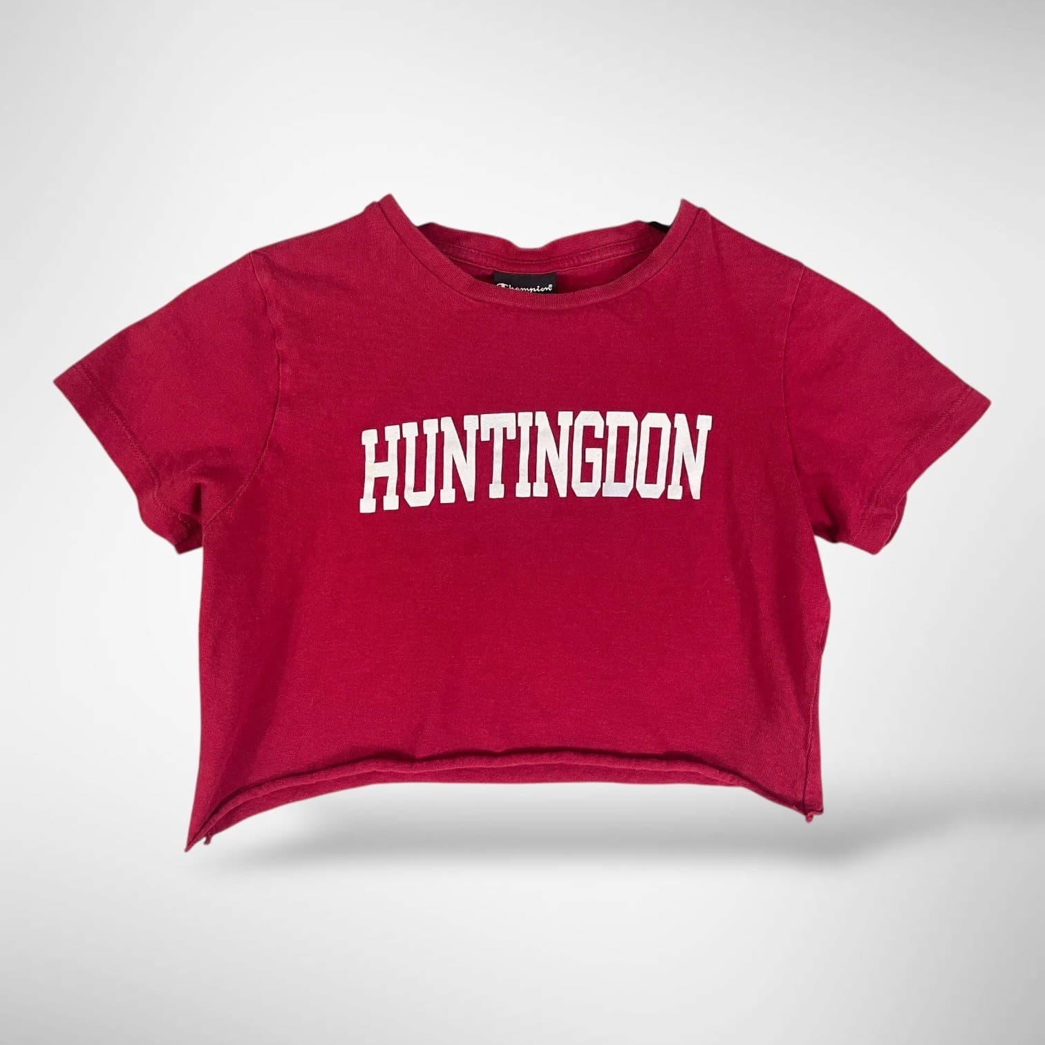 Champion Huntingdon College Red Cropped T Shirt Small S Raw Hem Graphic