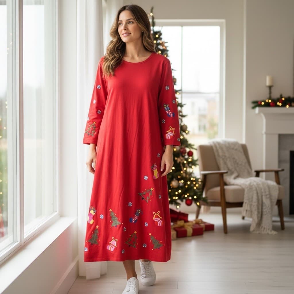 Vintage 90s Michael Simon Lite Christmas Maxi Dress XL Red Novelty Knit