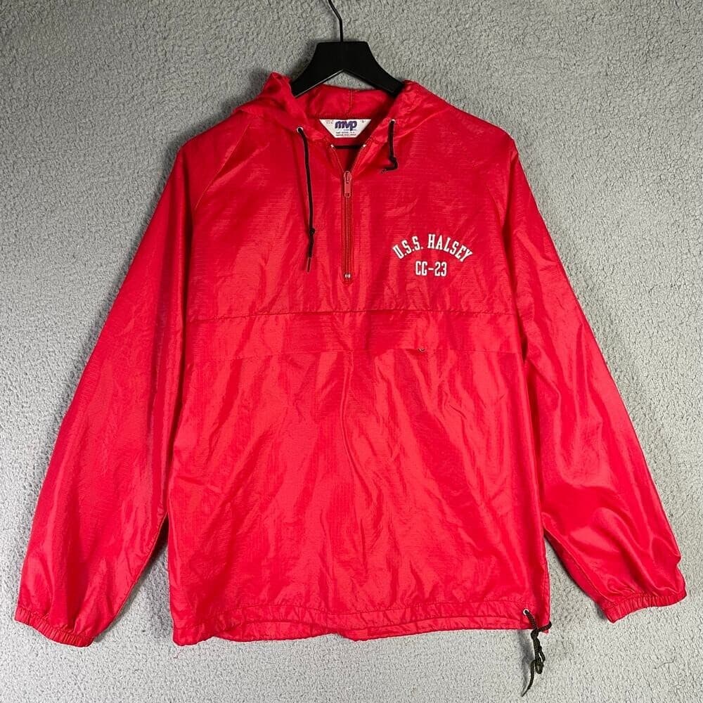 Vintage USS Halsey CG-23 Navy Windbreaker Jacket Mens S Red USA Made MVP
