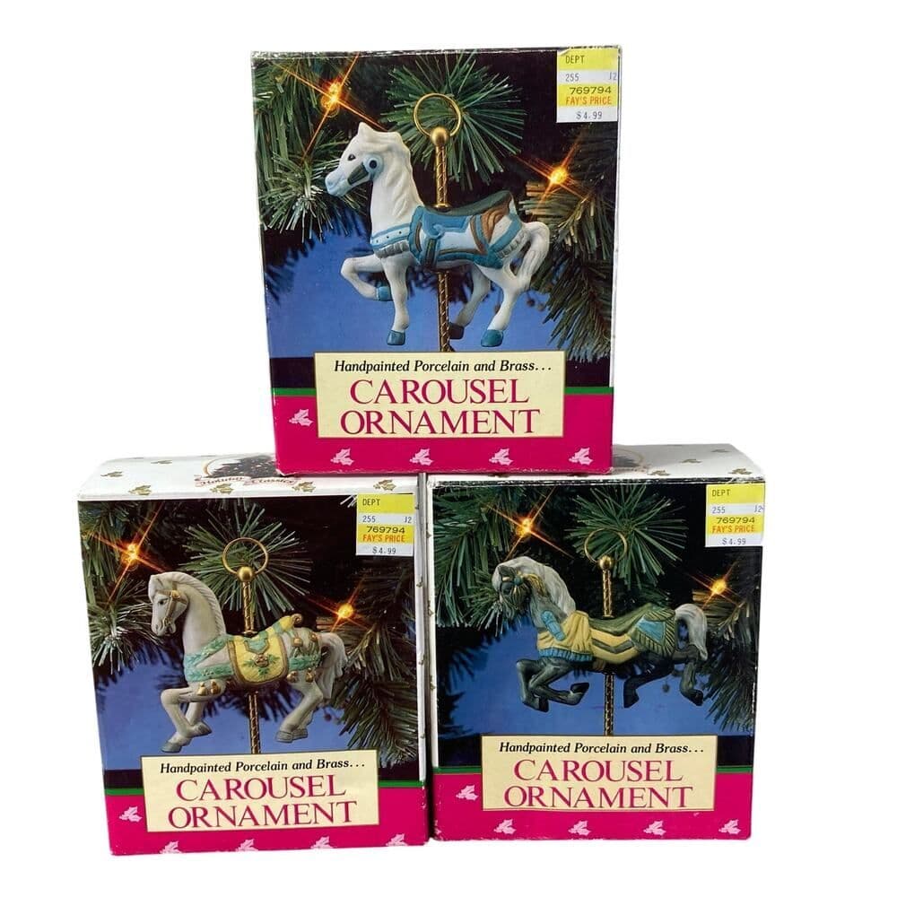 Holiday Classics Carousel Ornament Set of 3 Hand-Painted Porcelain Brass 1992