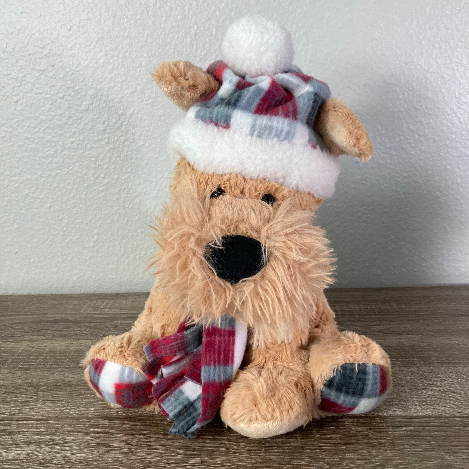 Gentle Treasures Dog Plush Winter Medium Brown with Plaid Hat & Scarf