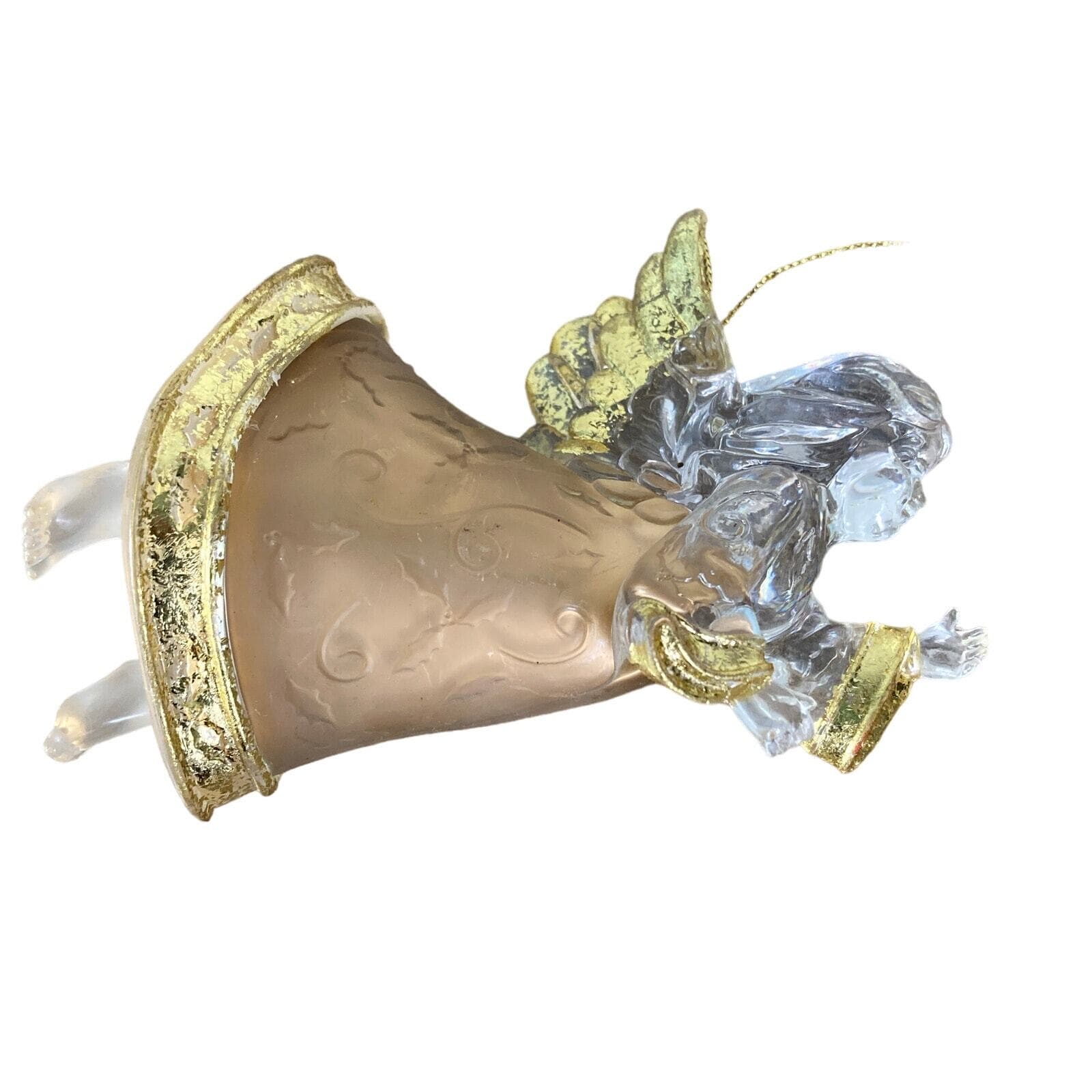 Vintage Clear Acrylic Angel Ornament with Gold Wings Christmas Decor