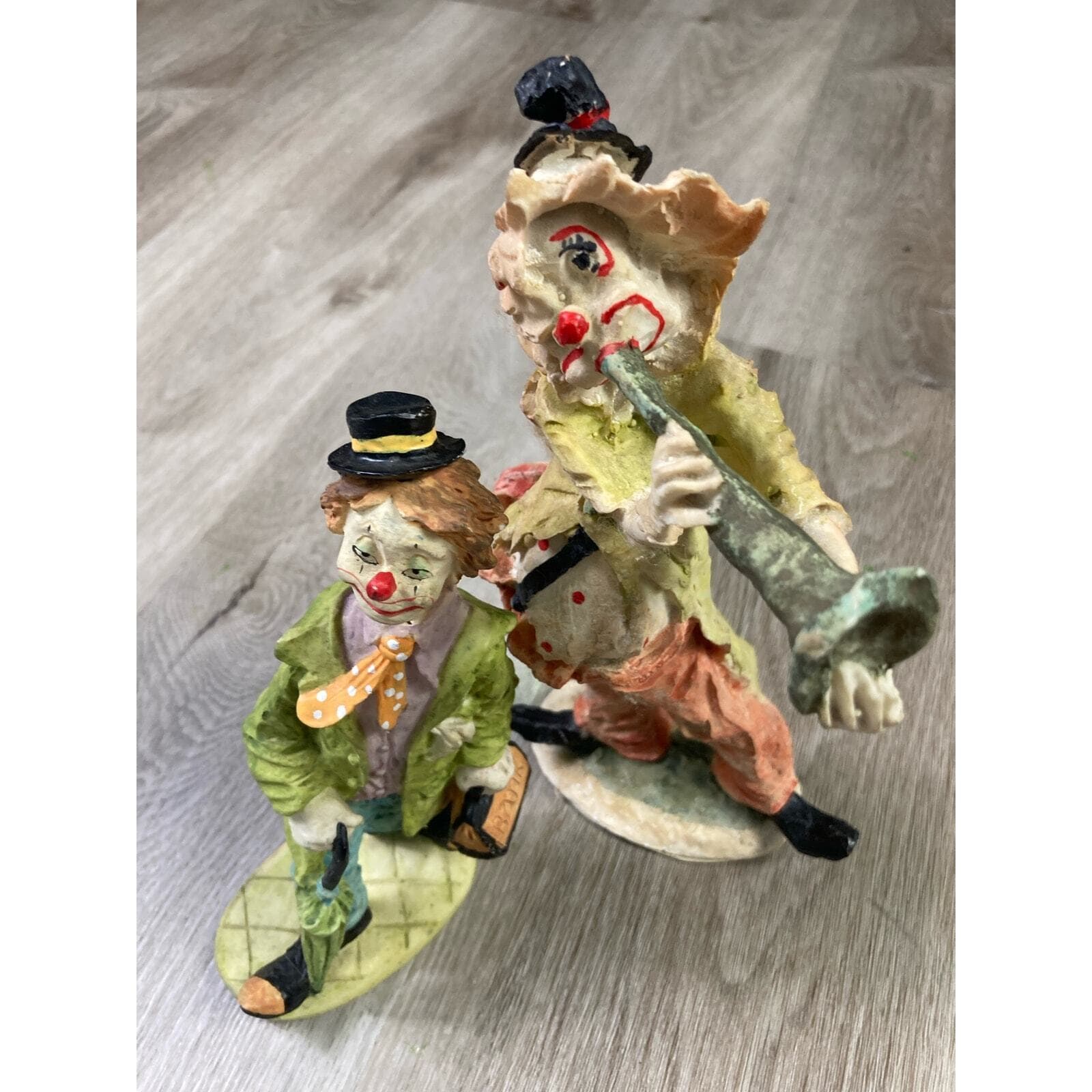 Vintage Herme Hobo Clown Figurines Pair 10.75" Playing Horn & Banker Figure