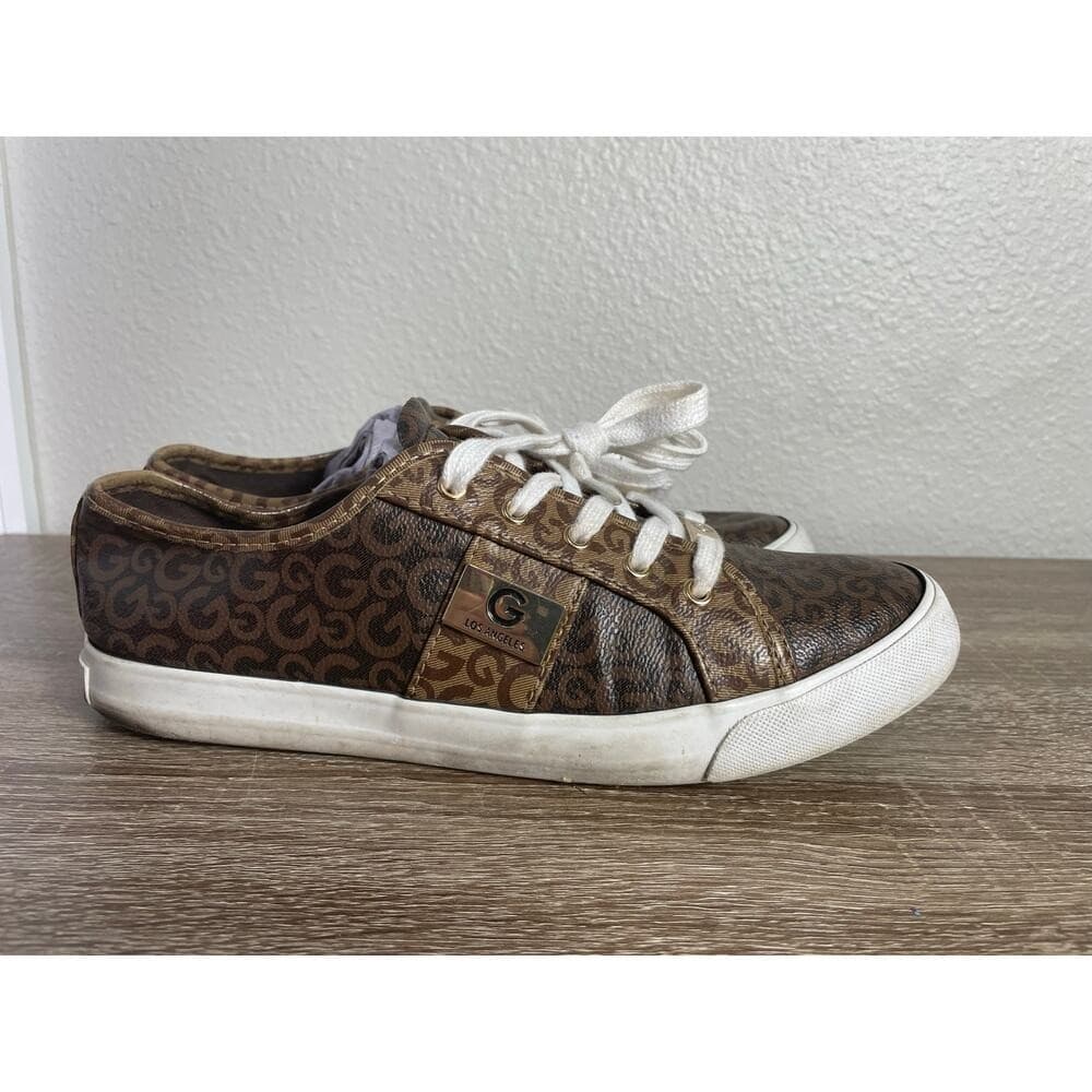 GUESS Los Angeles Monogram Logo Sneakers Brown White Lace Up Womens 9.5M