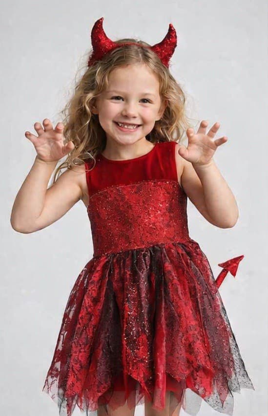 Spirit Halloween Girls Red Devil Costume Dress Size S Sparkle Lace Tail