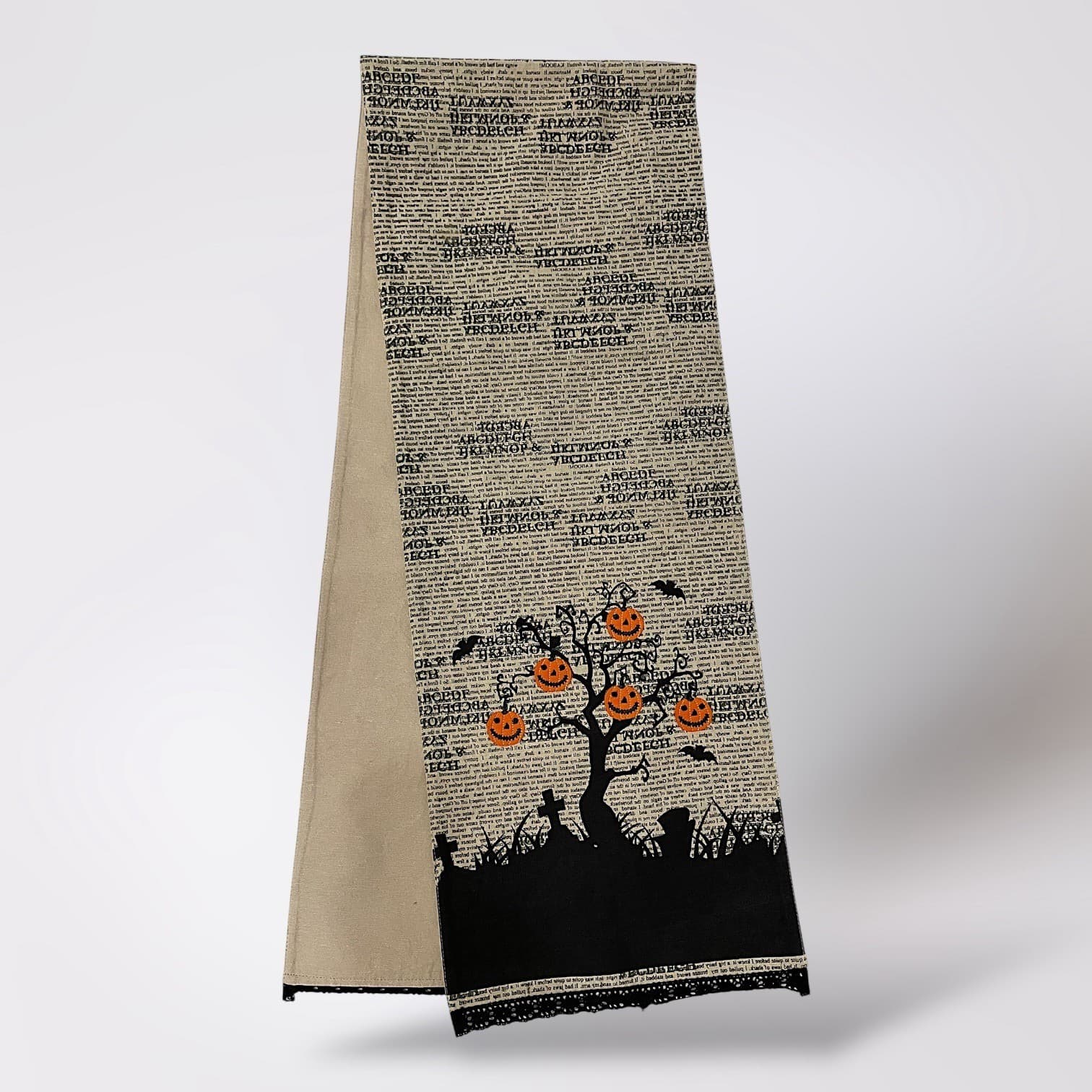 Halloween Table Runner Black Pumpkin Tree Newsprint Lace Edge Decor Vintage