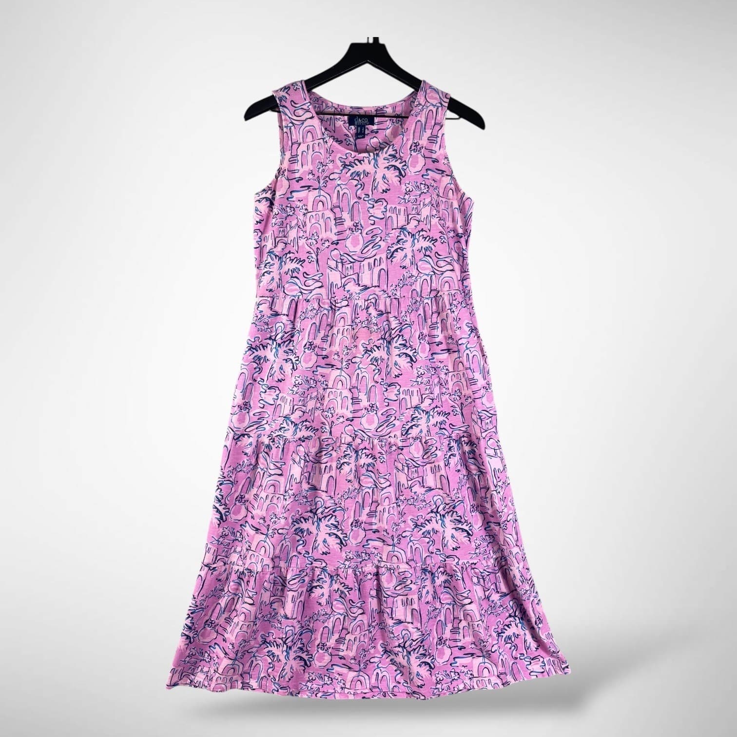 Sleeveless Tiered Maxi Dress Pink Blue Abstract Print Summer Small d&Co Beach
