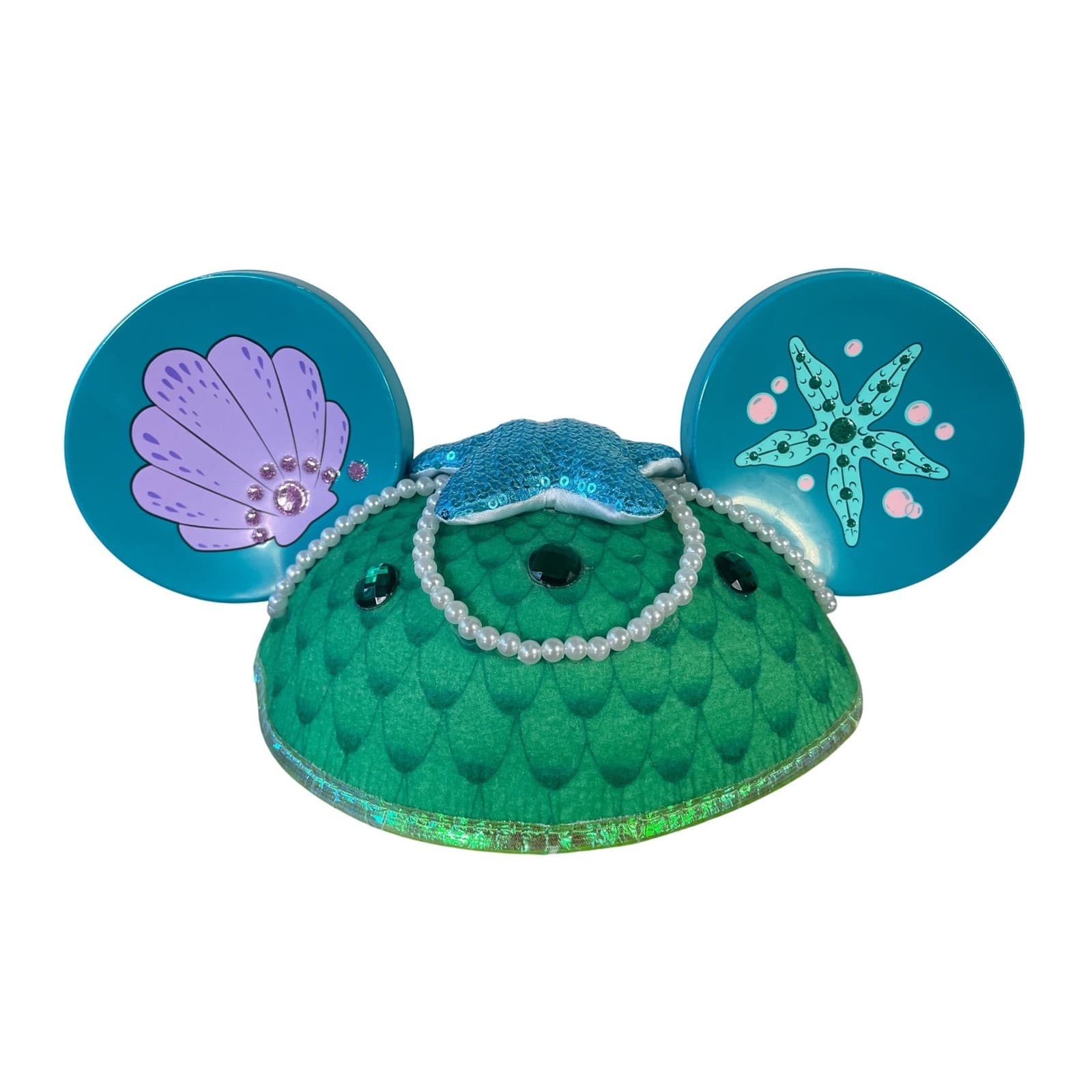 Disney Parks Little Mermaid Ariel Mickey Ear Hat Pearls Seashell Starfish Green
