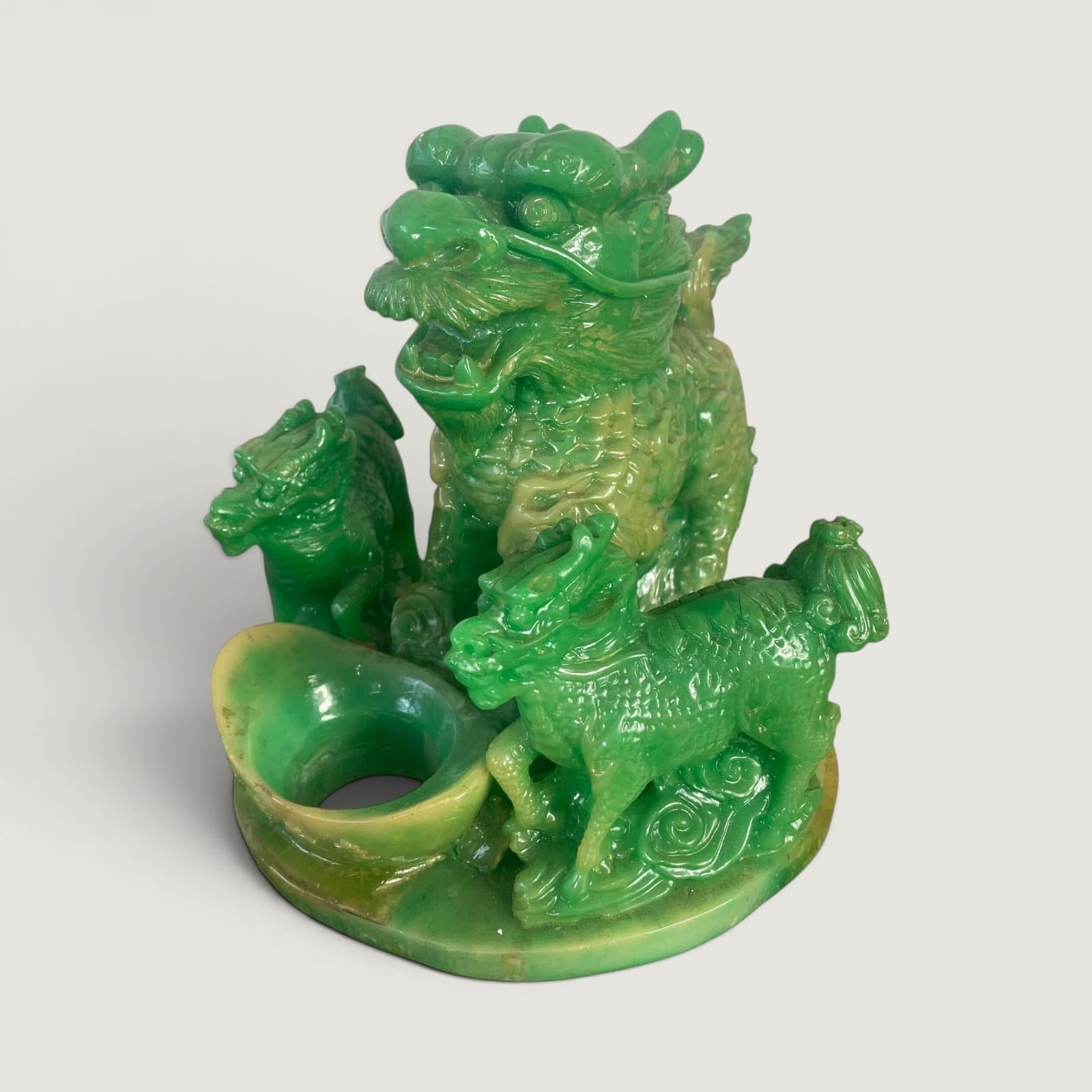 Vintage Faux Jade Resin Chinese Dragon Prosperity Statue Feng Shui Wealth Ingot