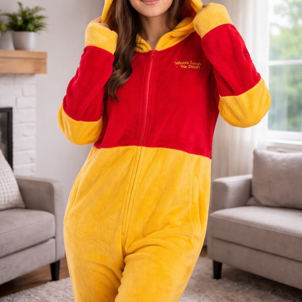 Disney Winnie Pooh Union Suit Pajamas Adult Fleece Hooded Costume NWT XL