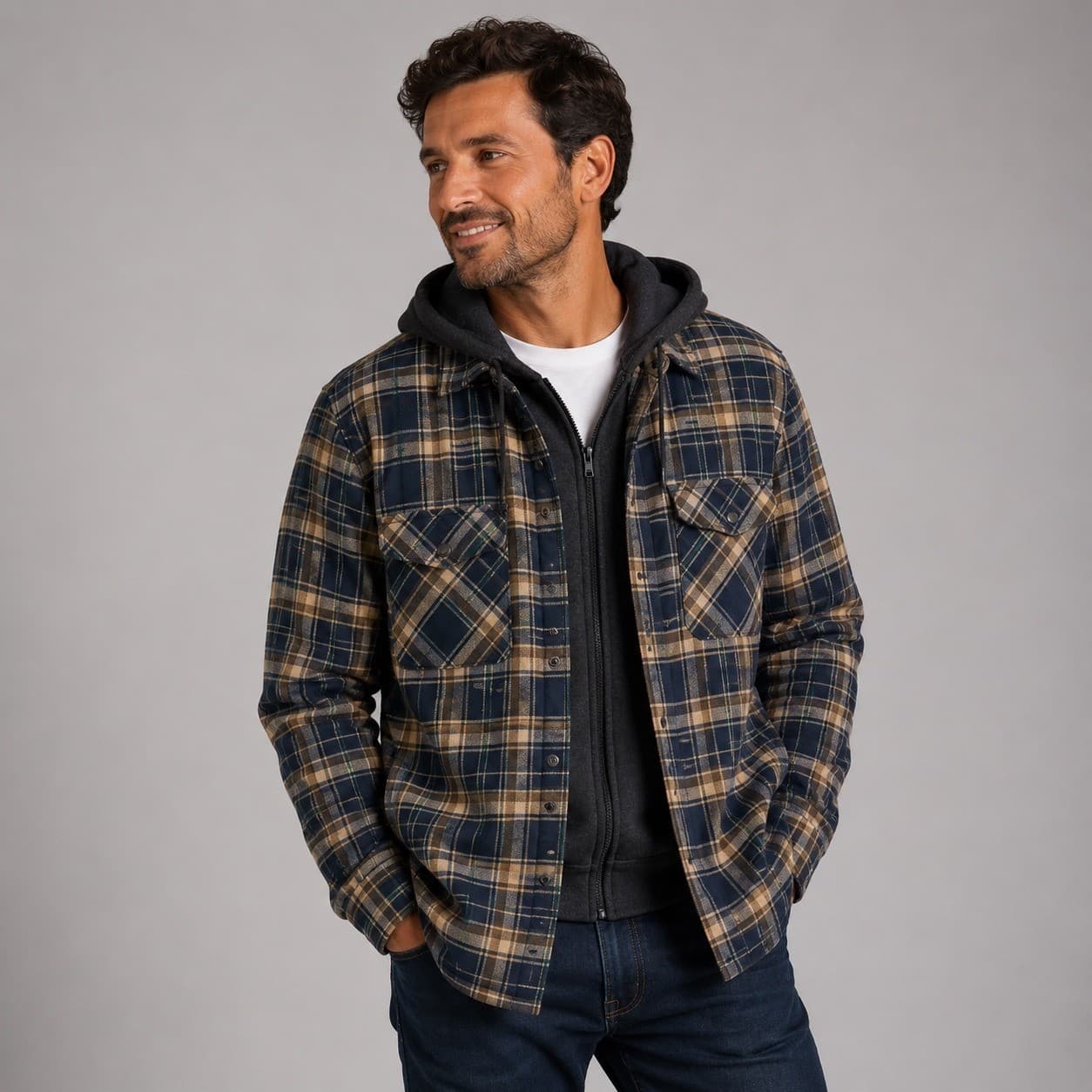 Eddie Bauer Mens Hooded Shacket Navy Soloman Plaid Quilted Lined Flannel Jacket