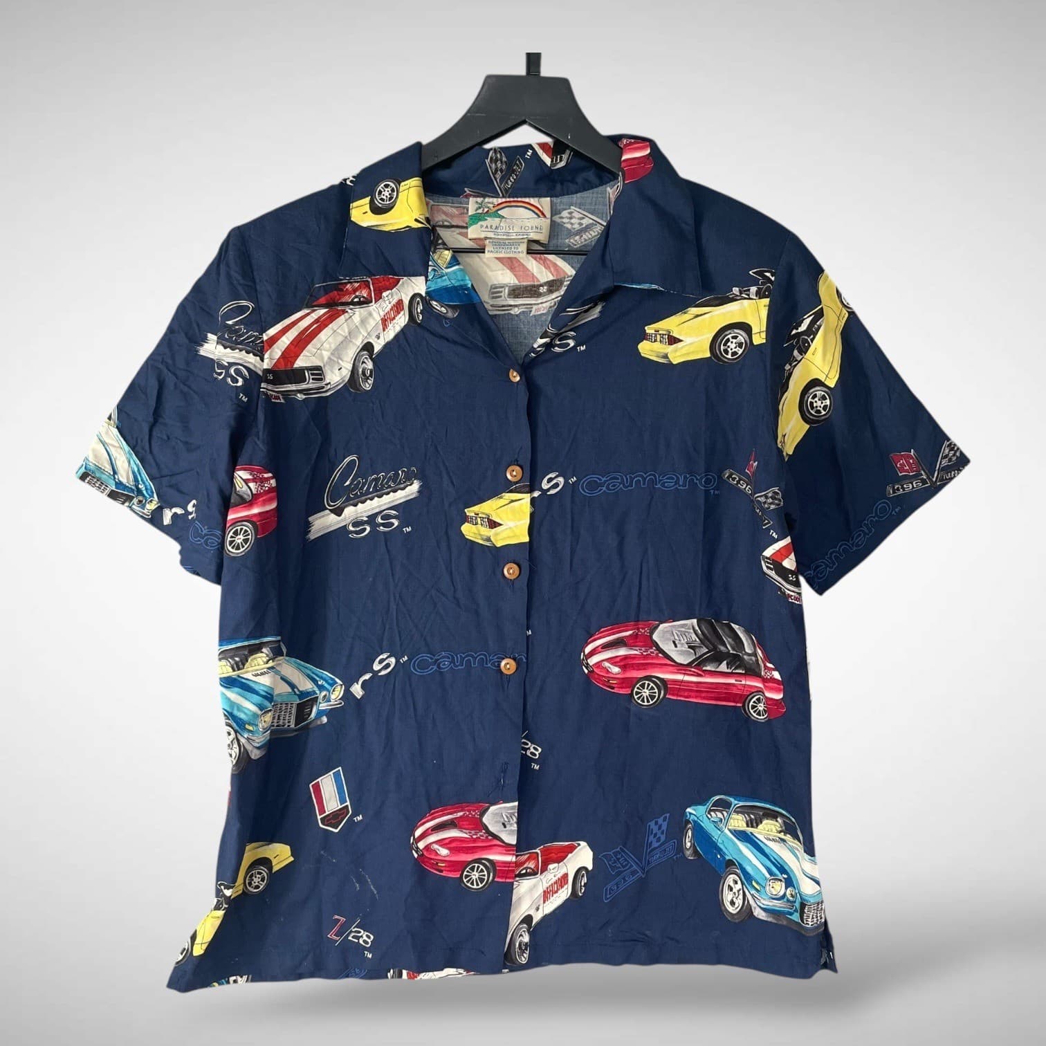 Paradise Found Mens Camaro SS Hawaiian Shirt Blue Short Sleeve Size M Vinage