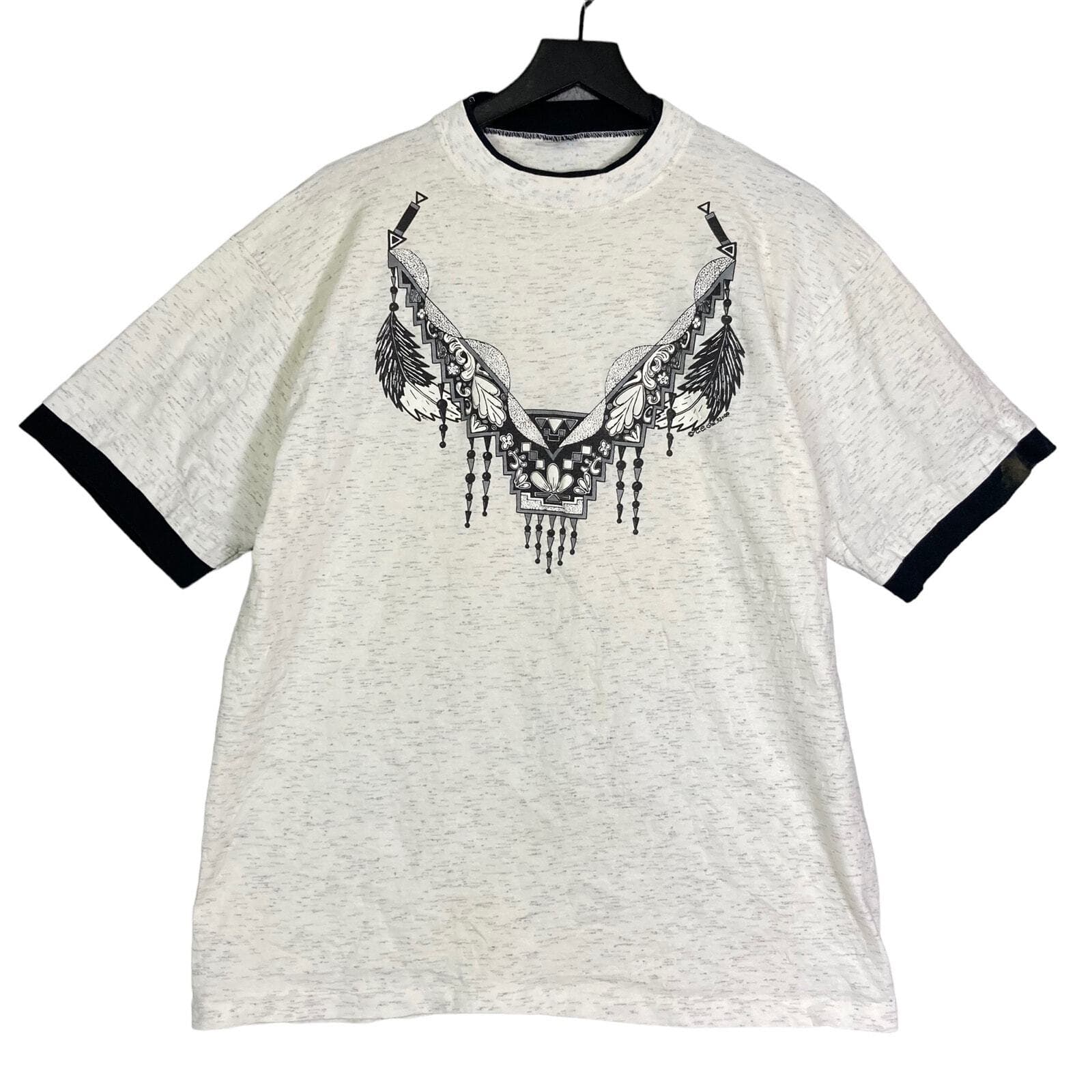 Unisex Off-White Graphic Ringer T-Shirt Dream Catcher Print Size L Vintage Style