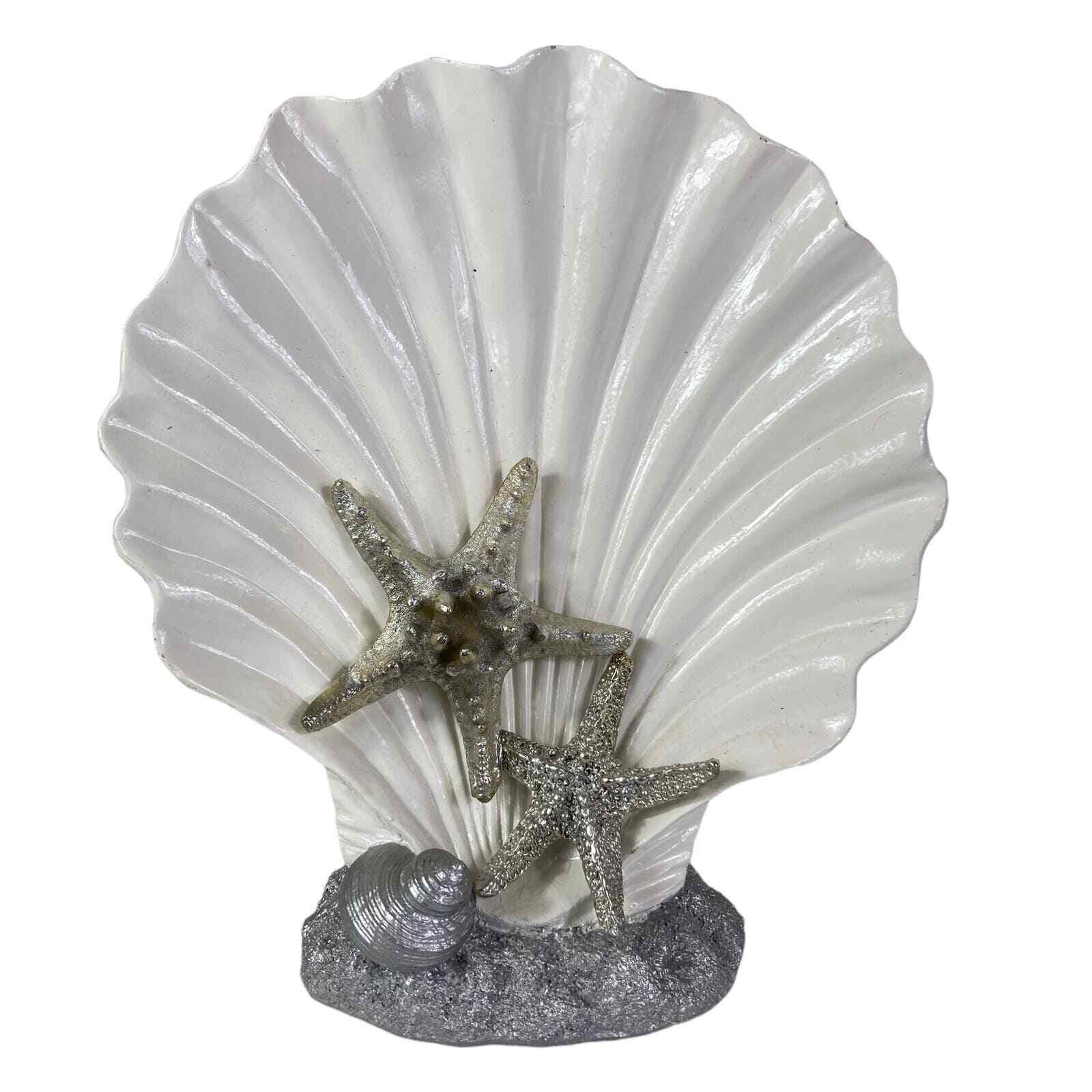 Seashell Art Display Shelf 10" Ceramic White Silver Starfish Embellished Ocean