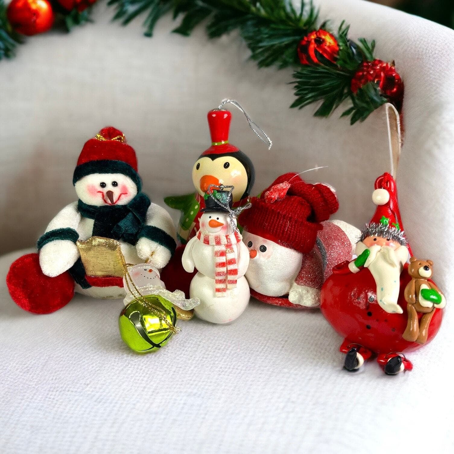 Christmas Ornament Vintage Lot Set of 6 Santa Penguin Snowman 90s Holiday Tree