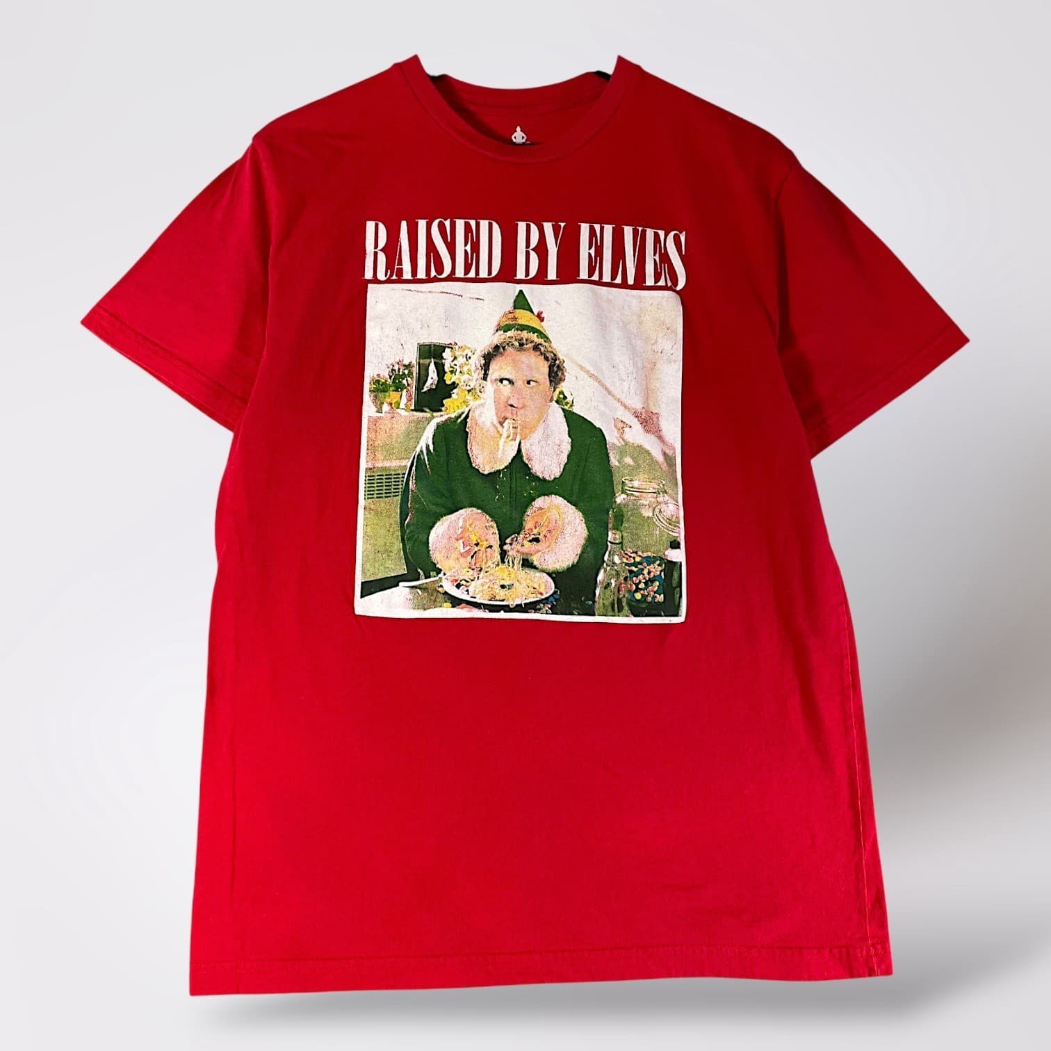 Elf Movie Mens L Raised By Elves Red T Shirt Buddy Holiday Christmas
