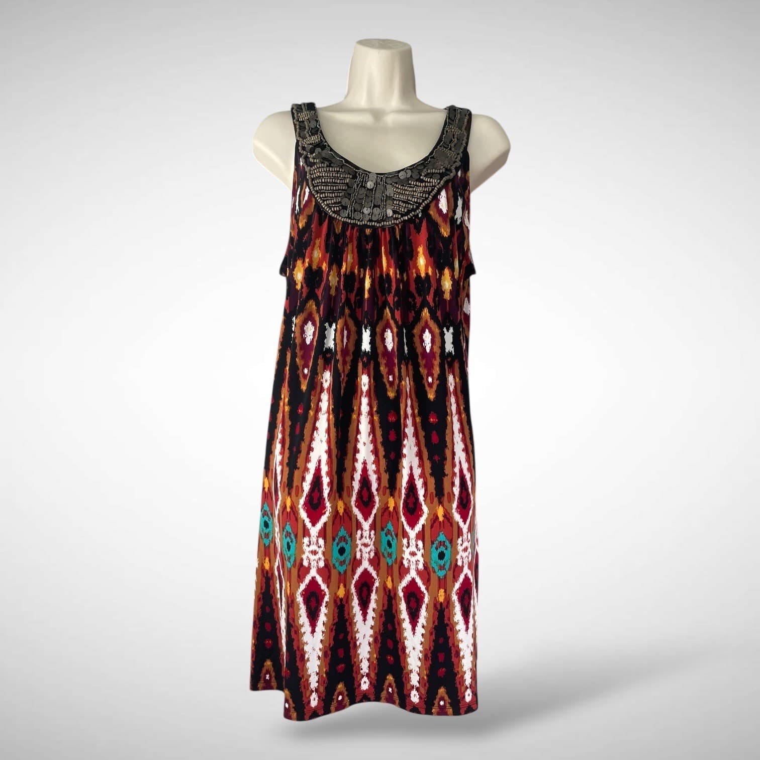 APT.9 Embellished Boho Sleeveless Ikat Dress Women's Large Beaded Neckline