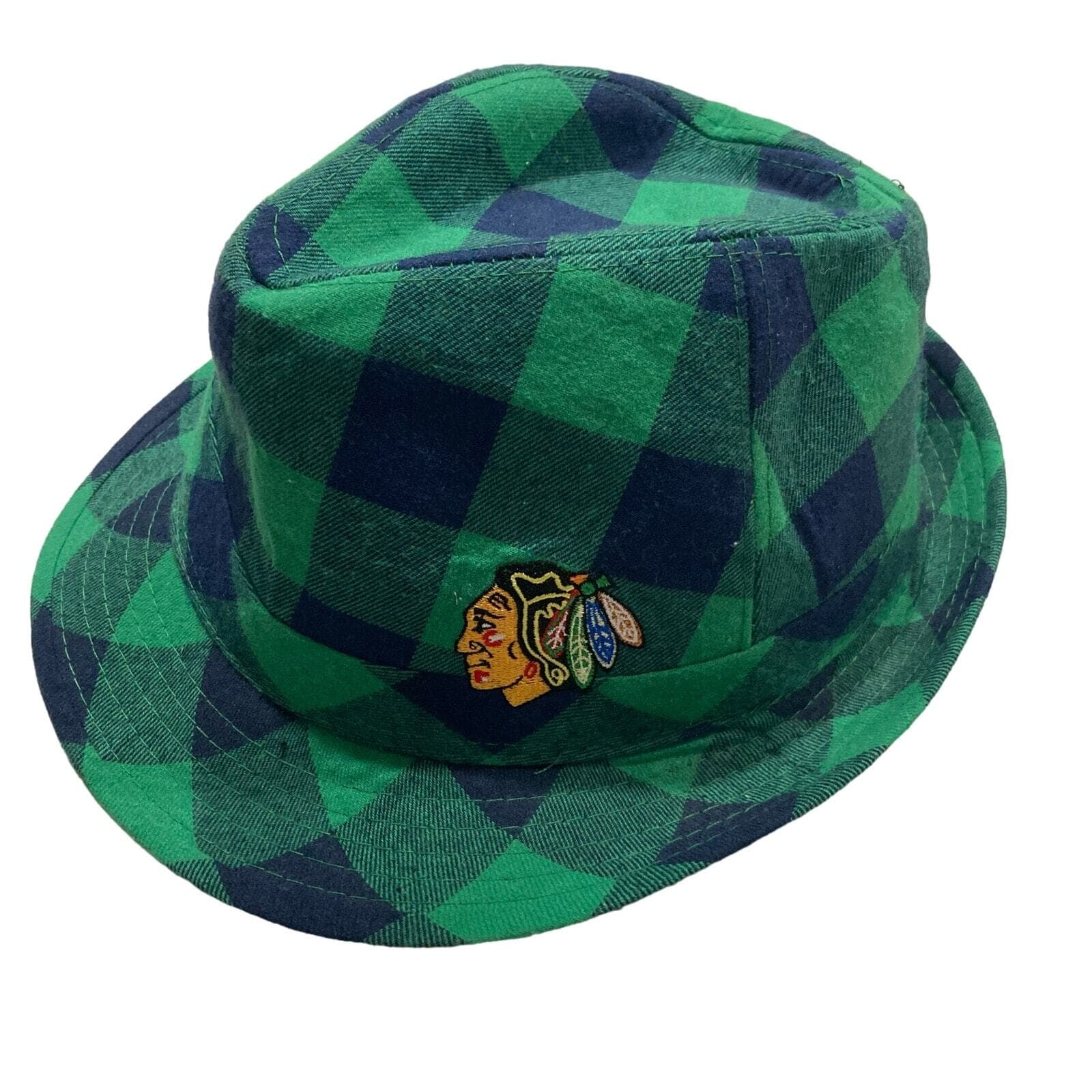 Chicago Blackhawks Green Plaid Fedora Hat NHL Adult St Patricks Day Cap