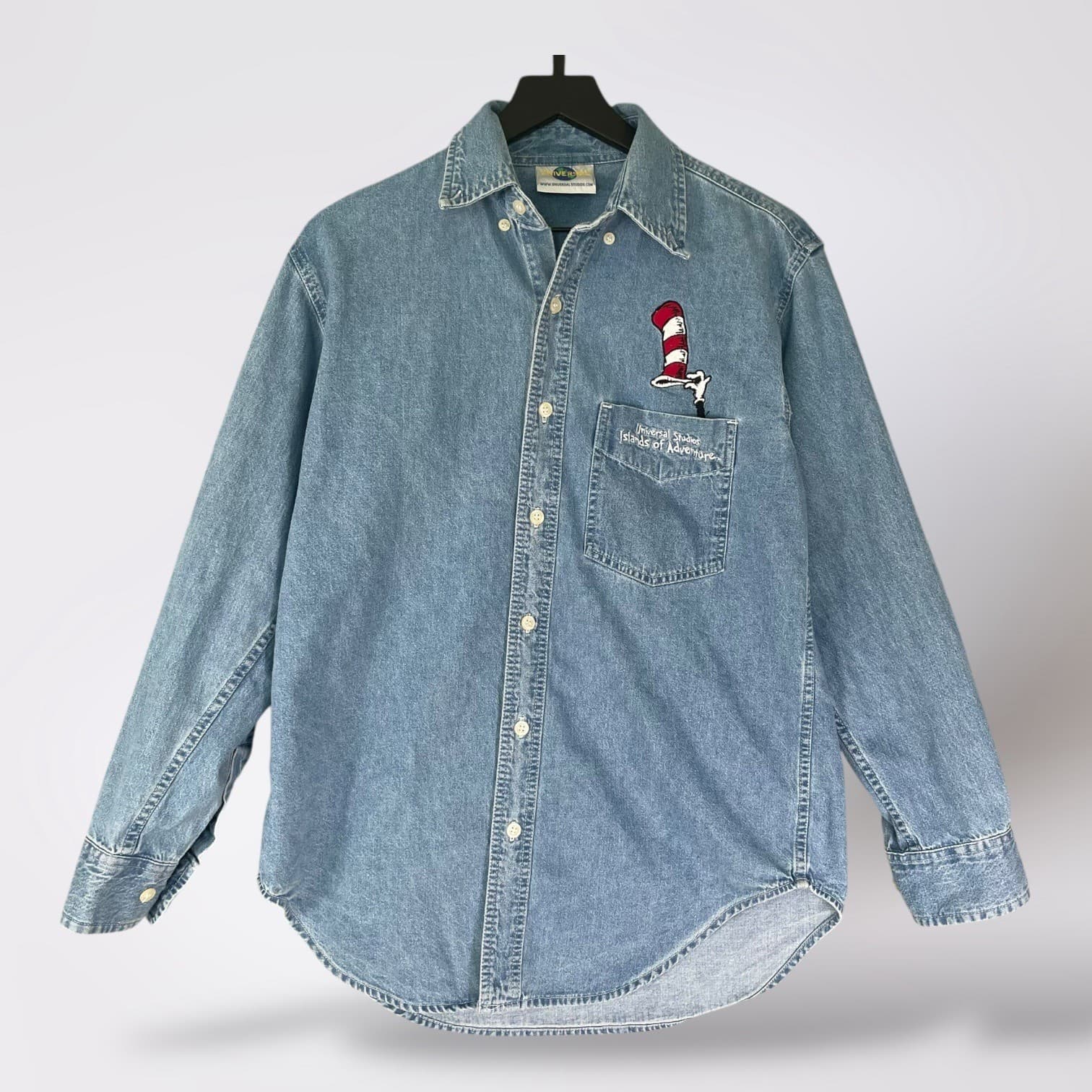 Cat In The Hat Denim Shirt Universal Studios Dr Seuss Button Down Mens Small