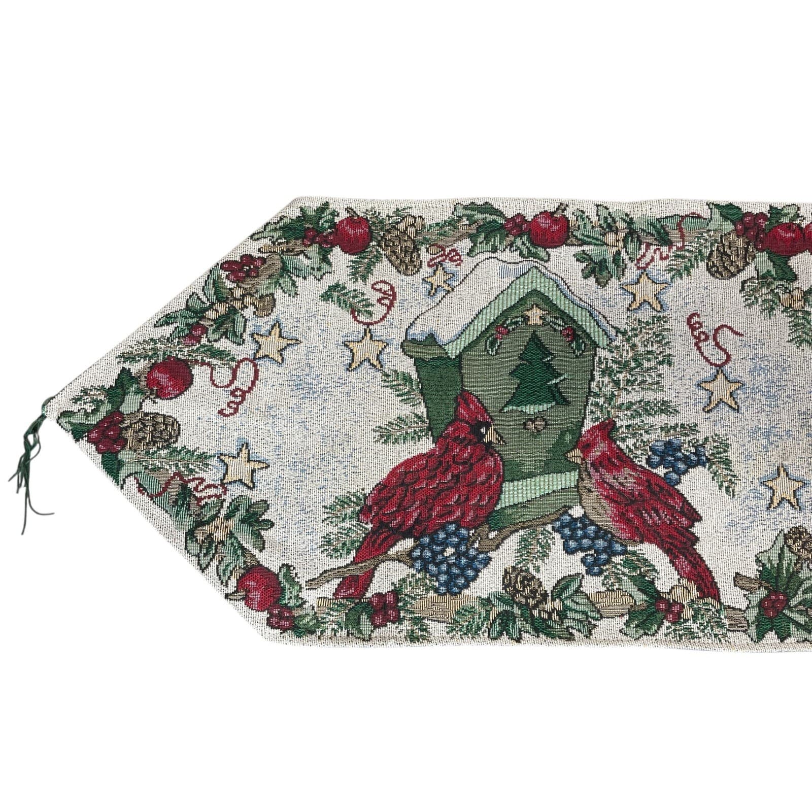 Christmas Cardinal Table Runner Vintage Birdhouse Holly Red Birds Festive Decor