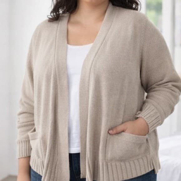 Seven7 Taupe Open Front Cardigan Womens XXL Ribbed Knit Pockets Casual