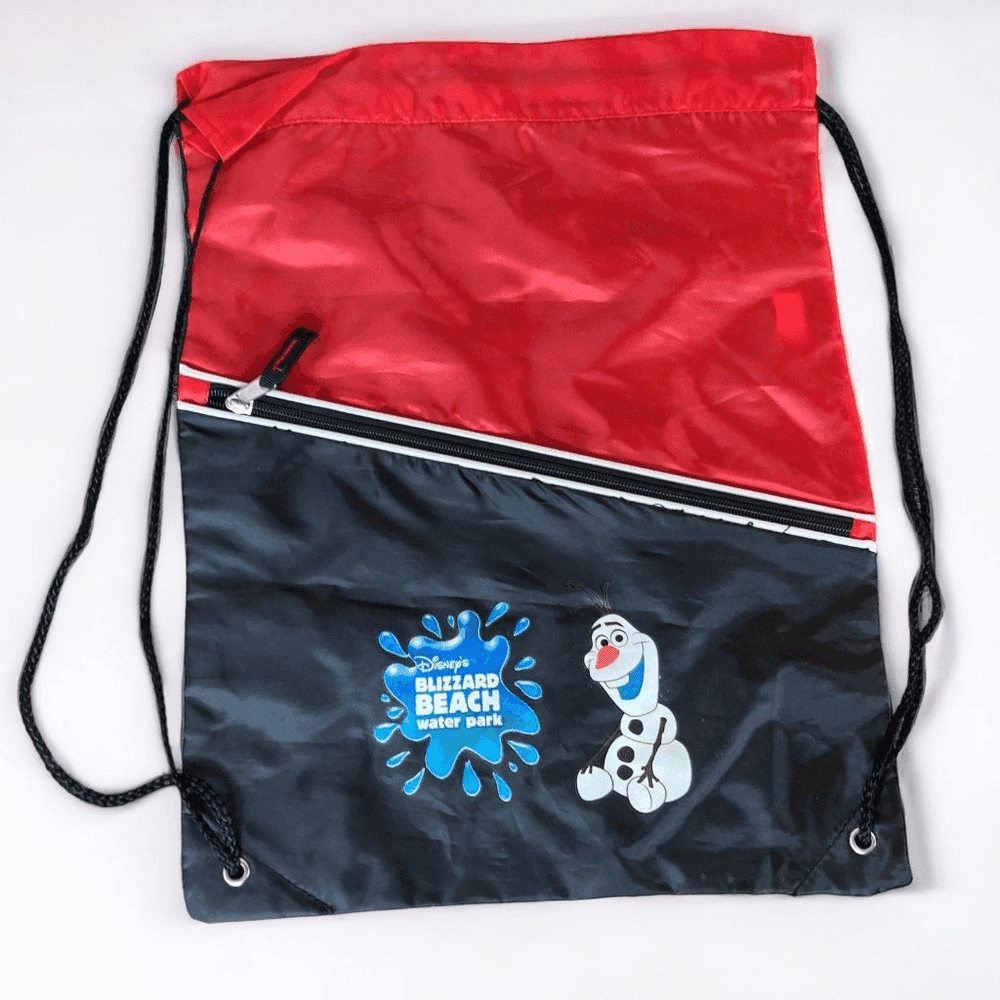 Disney Blizzard Beach Olaf Drawstring Backpack Red Black Zip Park Bag