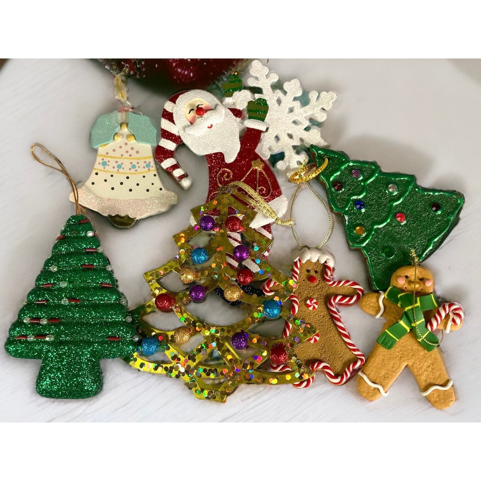 Christmas Ornament Vintage Lot Set of 7 Trees Gingerbread Man Snowflake Santa