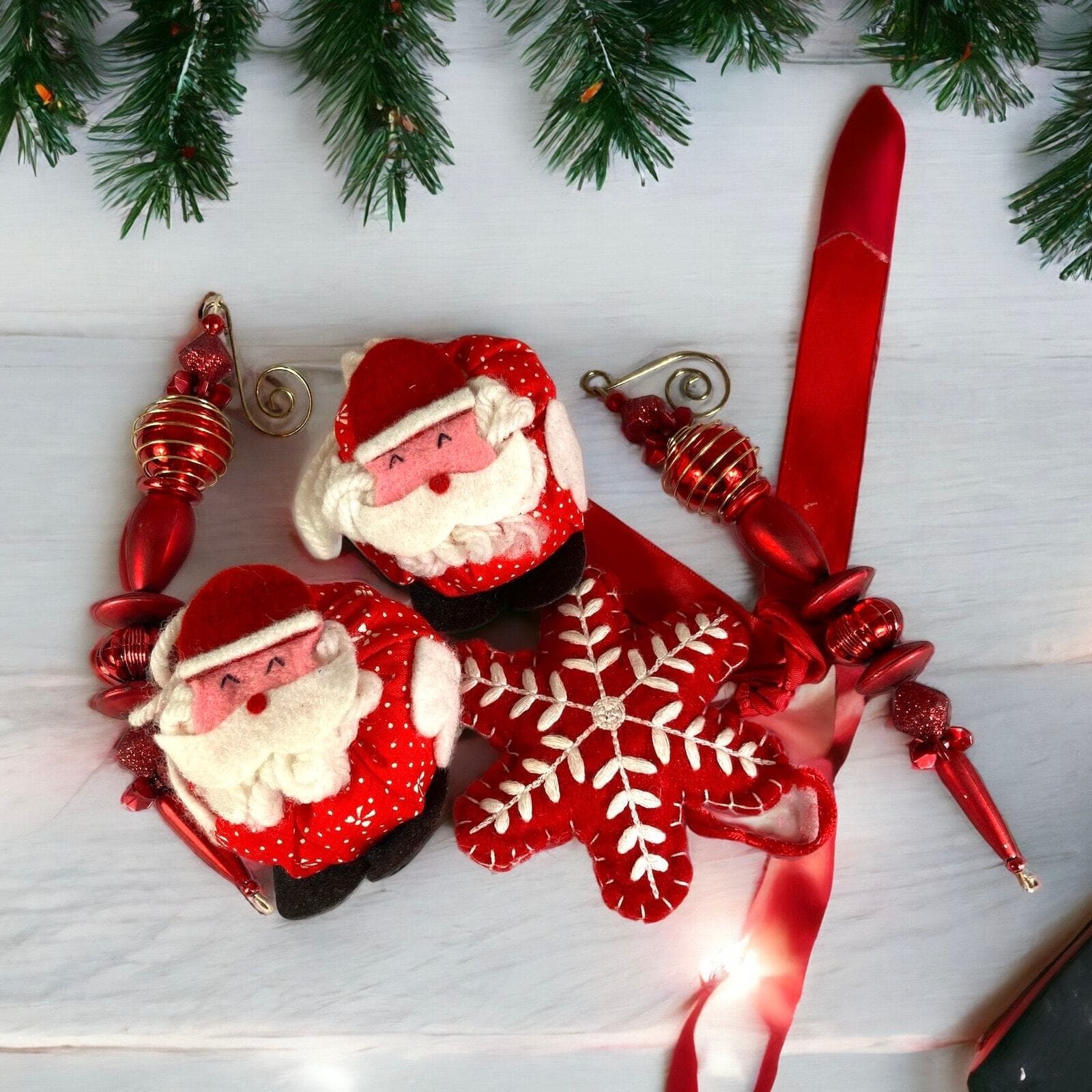 Christmas Ornament Vintage Lot Set of 5 Trees Santa Snowflake Hanging Ornaments