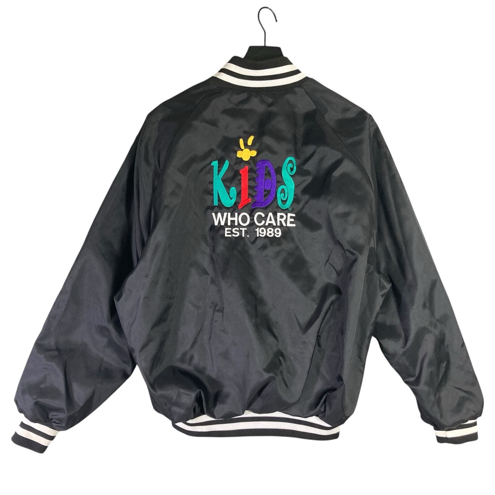 Vintage 90s ASW Kids Who Care Musical Theatre Jacket L Black Satin Varsity USA