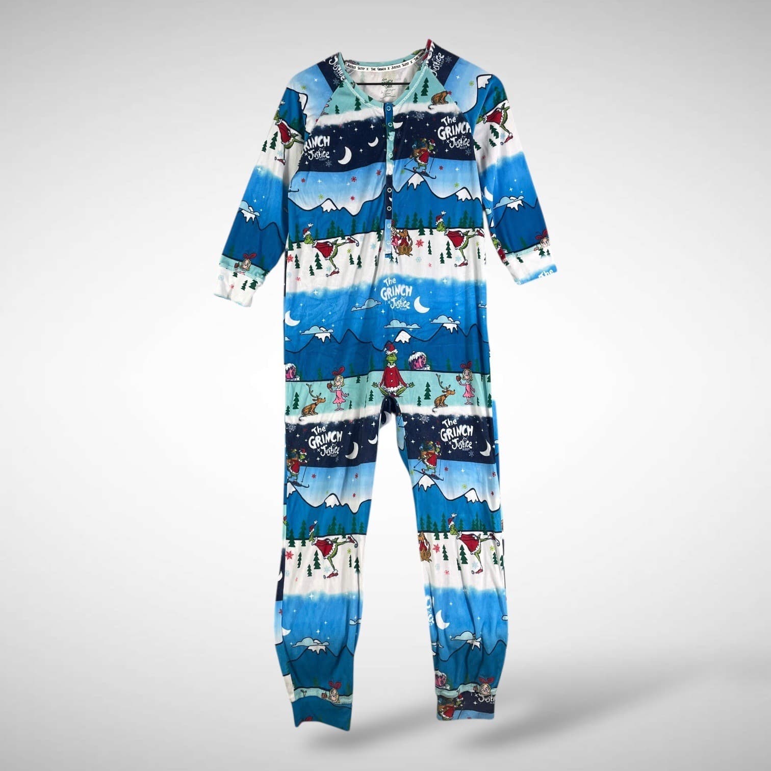 Justice Grinch Girls Fleece One Piece Pajamas Blue Ski Print Zip Hooded 12/14