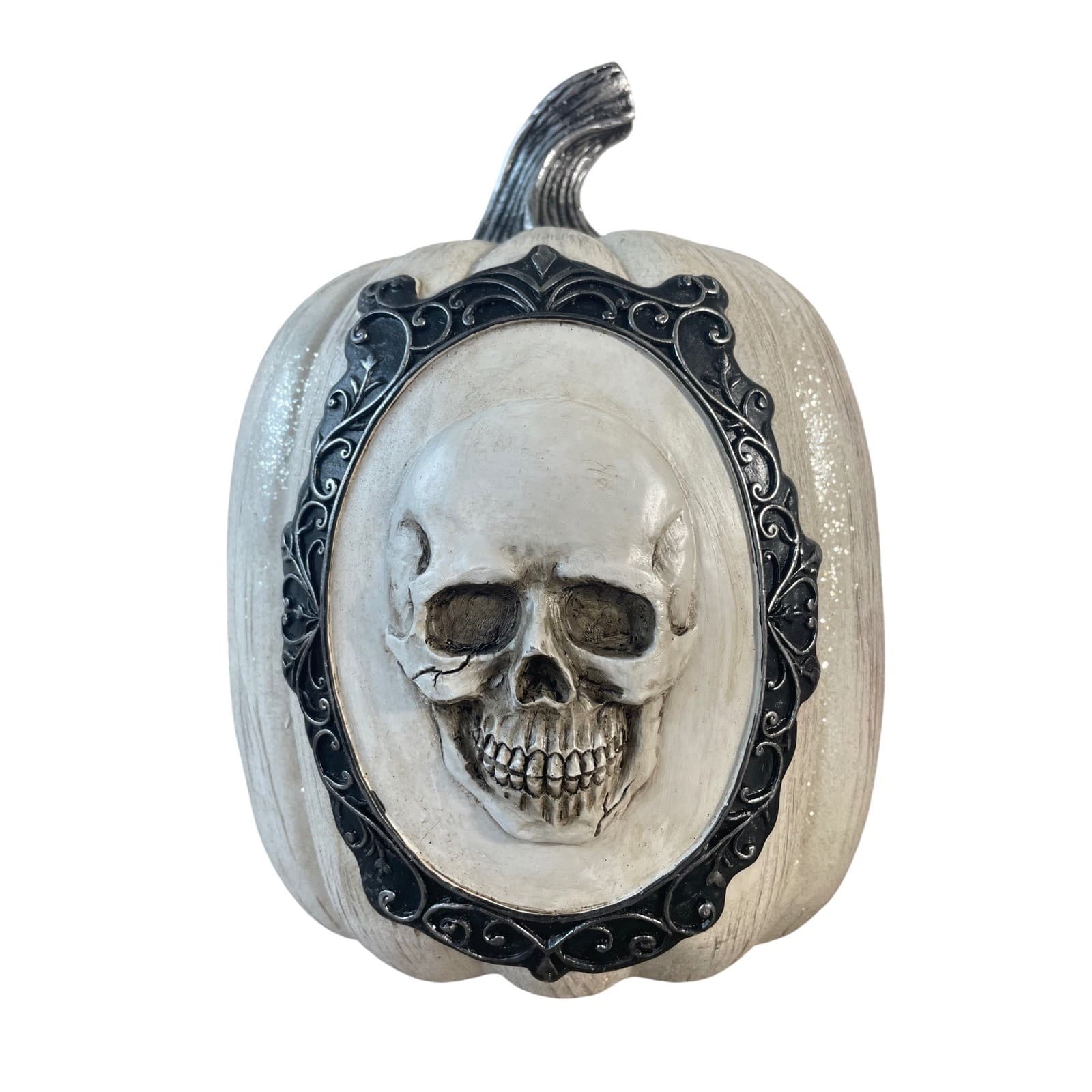 Gothic 3D Pumpkin Skull Tabletop Figurine White Glitter Halloween Decor 10.5"