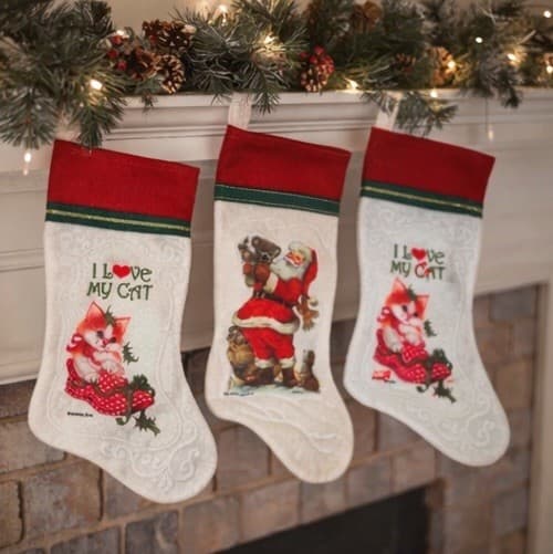 Vintage 1980s Christmas Stockings Lot 3 Santa Claus Kitten Cat White Felt Fabric