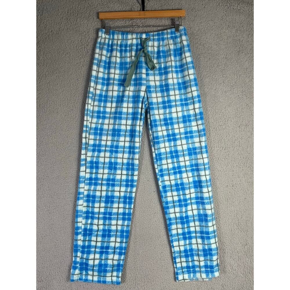 Blue White Plaid Flannel Pajama Pants L 12–14 Soft Fleece Lounge Bottoms Cozy