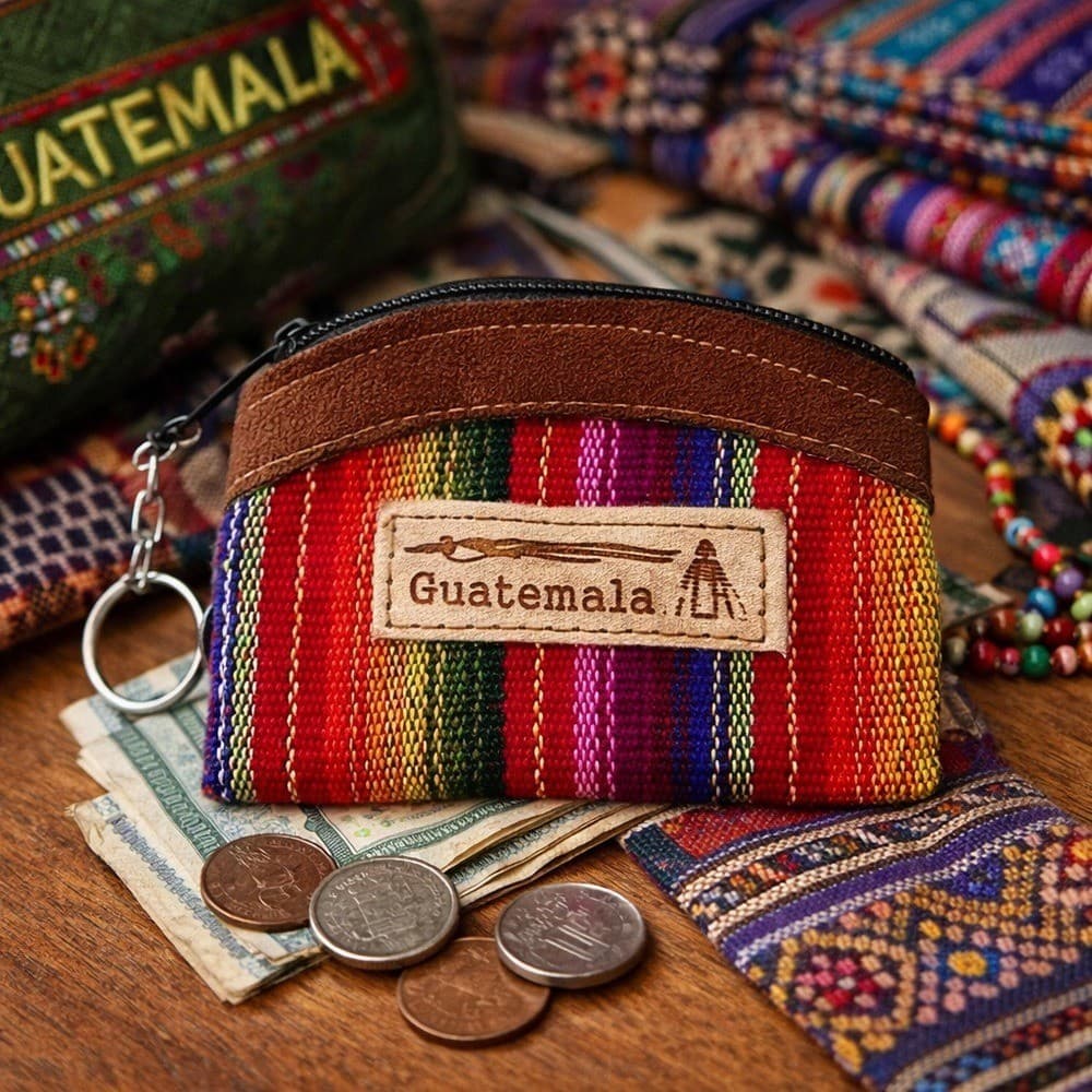 Handmade Guatemalan Leather Cotton Coin Purse Keychain Zipper Pouch Stripe