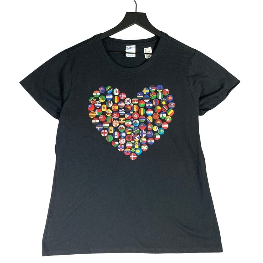 Womens International Flags Heart Graphic T-Shirt Black Cotton XL Short Sleeve