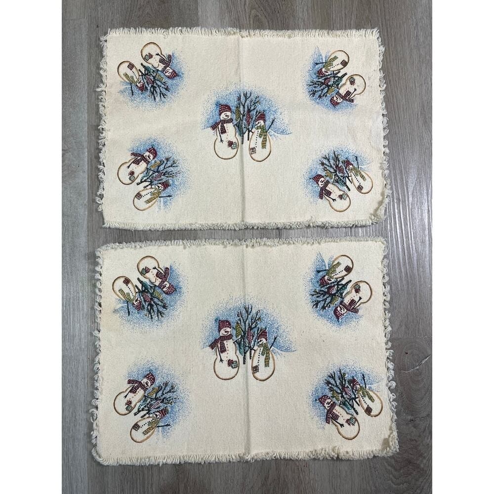 Holiday Snowman Placemats Set of 2 13x19 Winter Table Decor Fringe Vintage