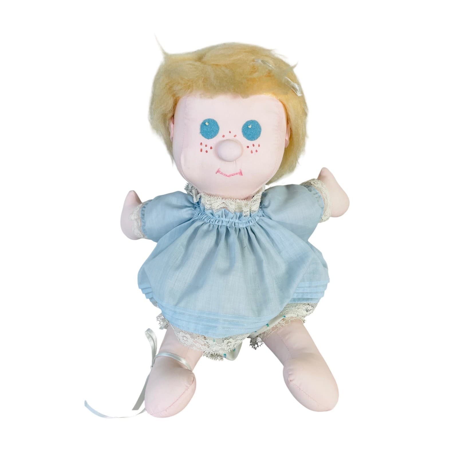 Vintage Handmade Rag Doll Cloth Soft Toy Blue Dress Lace Bloomers Yarn Hair