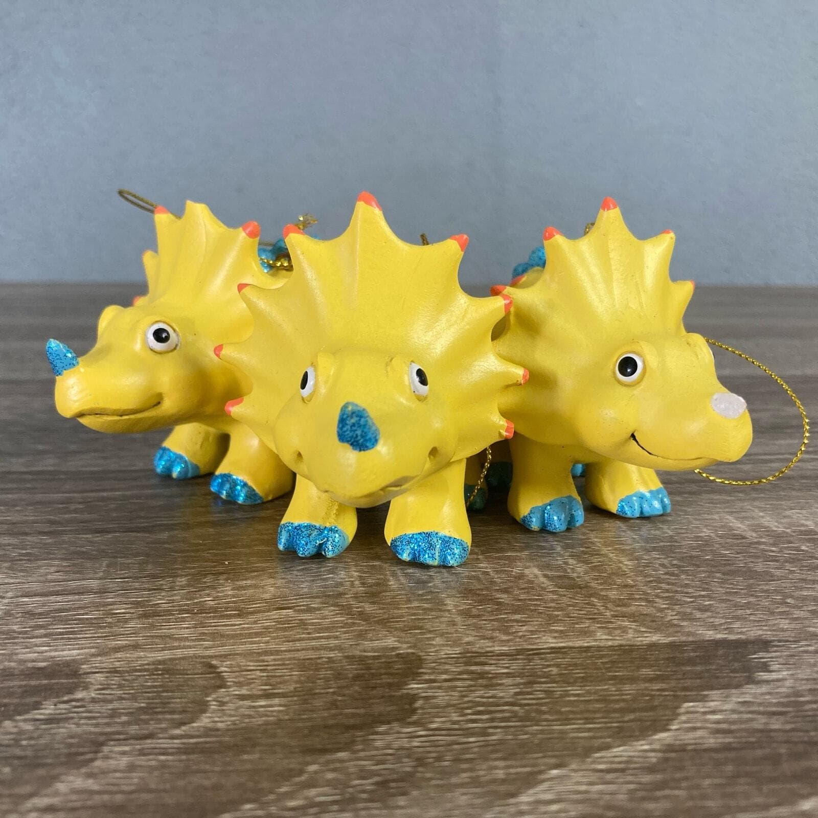 Set of 3 Yellow Dinosaur Christmas Ornaments with Glitter Accents