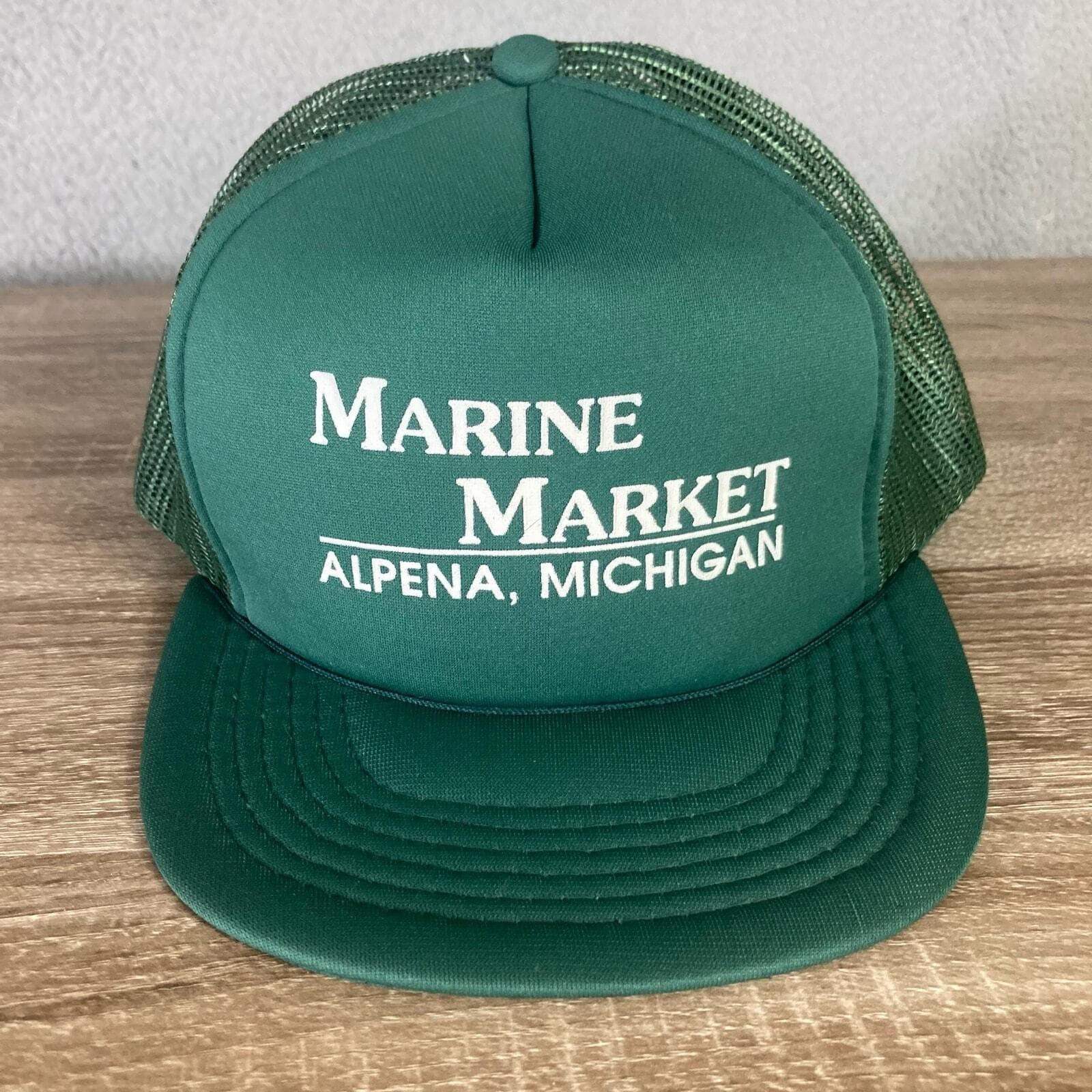 Vintage Marine Market Alpena Michigan Green Trucker Hat Unisex Cap