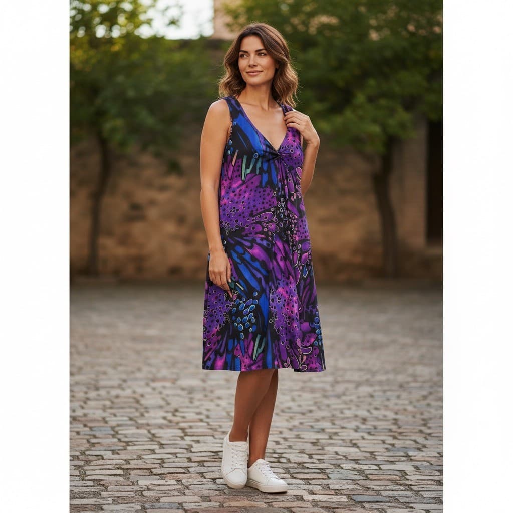 Jostar Abstract Print V Neck Sleeveless Midi Dress Size L Purple Blue Black