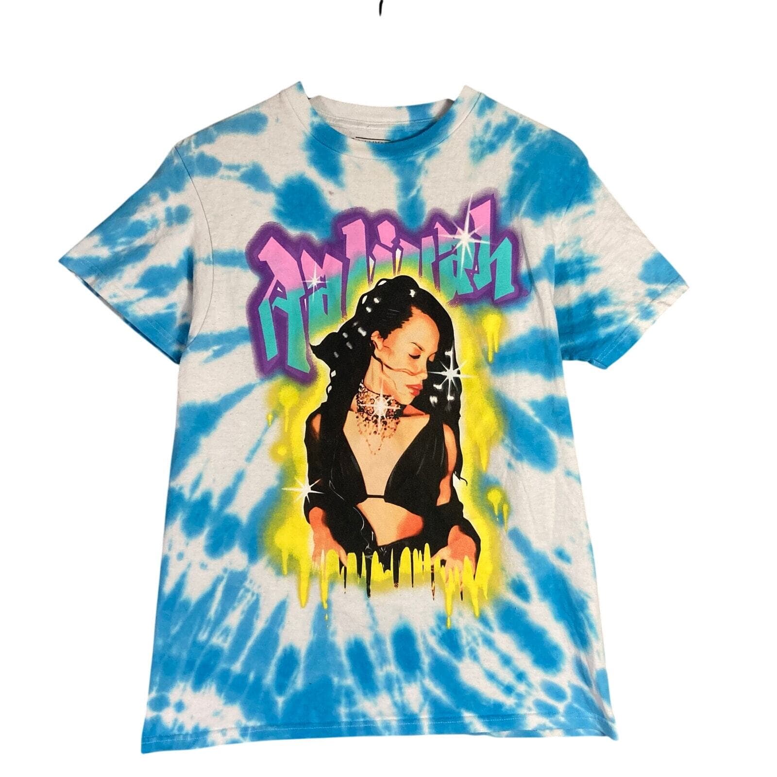 Aaliyah Women's Tie Dye Graphic Tee Blue Medium Music Retro Casual Top