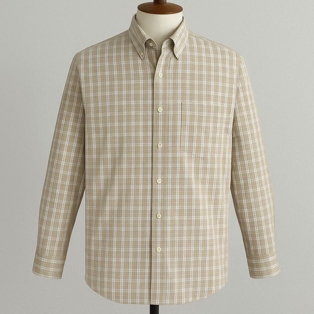 Saddlebred Men’s XL Button-Up Shirt Beige Plaid Long Sleeve 100% Cotton Casual