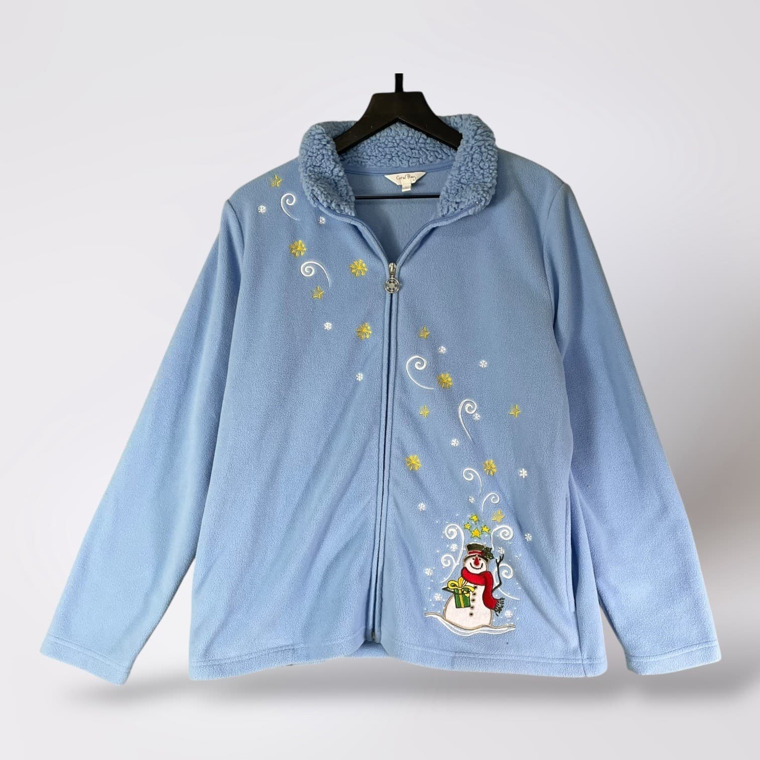 Coral Bay Fleece Jacket Women's L Snowman Winter Holiday Blue Vintage